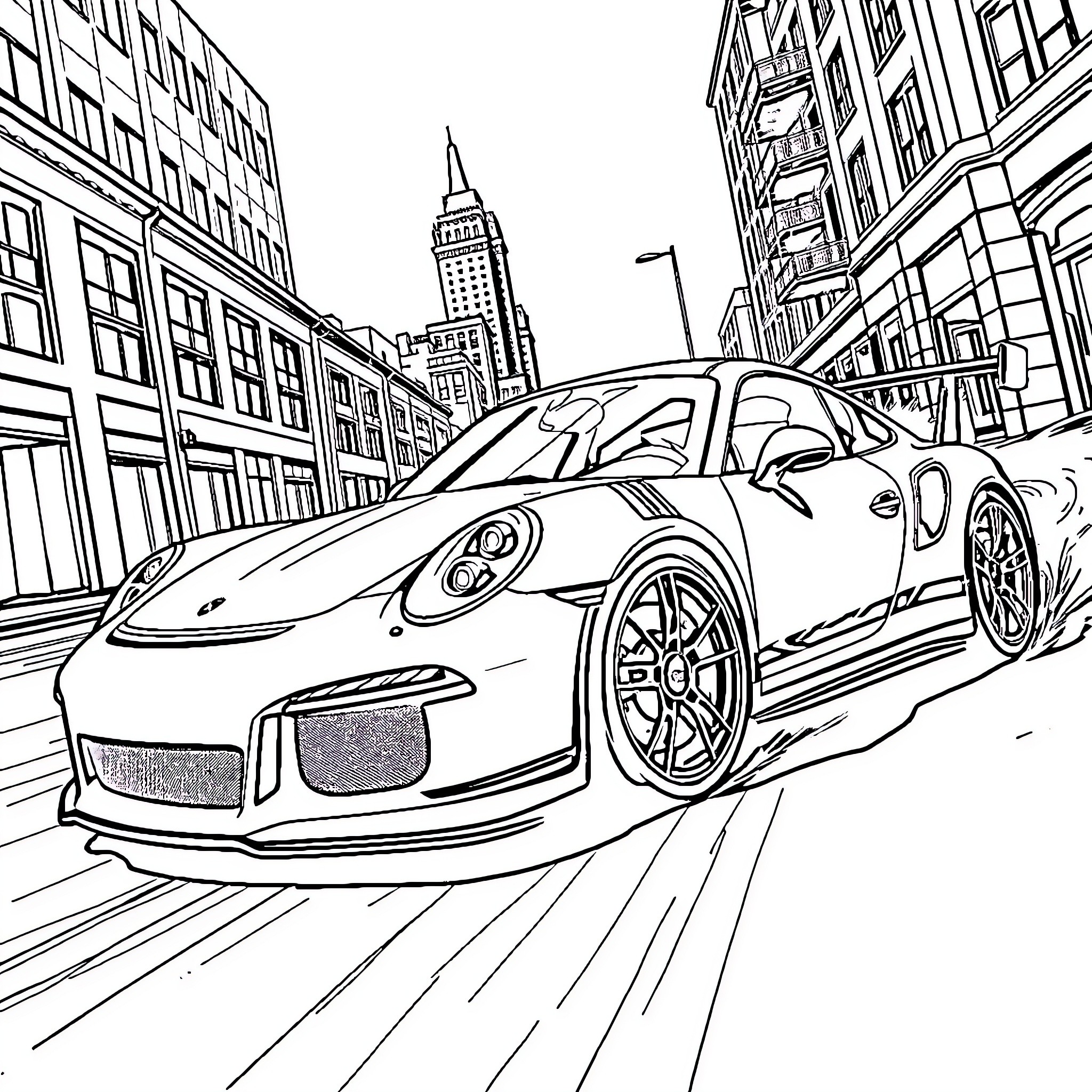 Porsche sports car speeding through city streets Coloring Page (free black-and-white line drawing printable PDF for all, from beginners to advanced learners, including children, teens, adults, and seniors)
