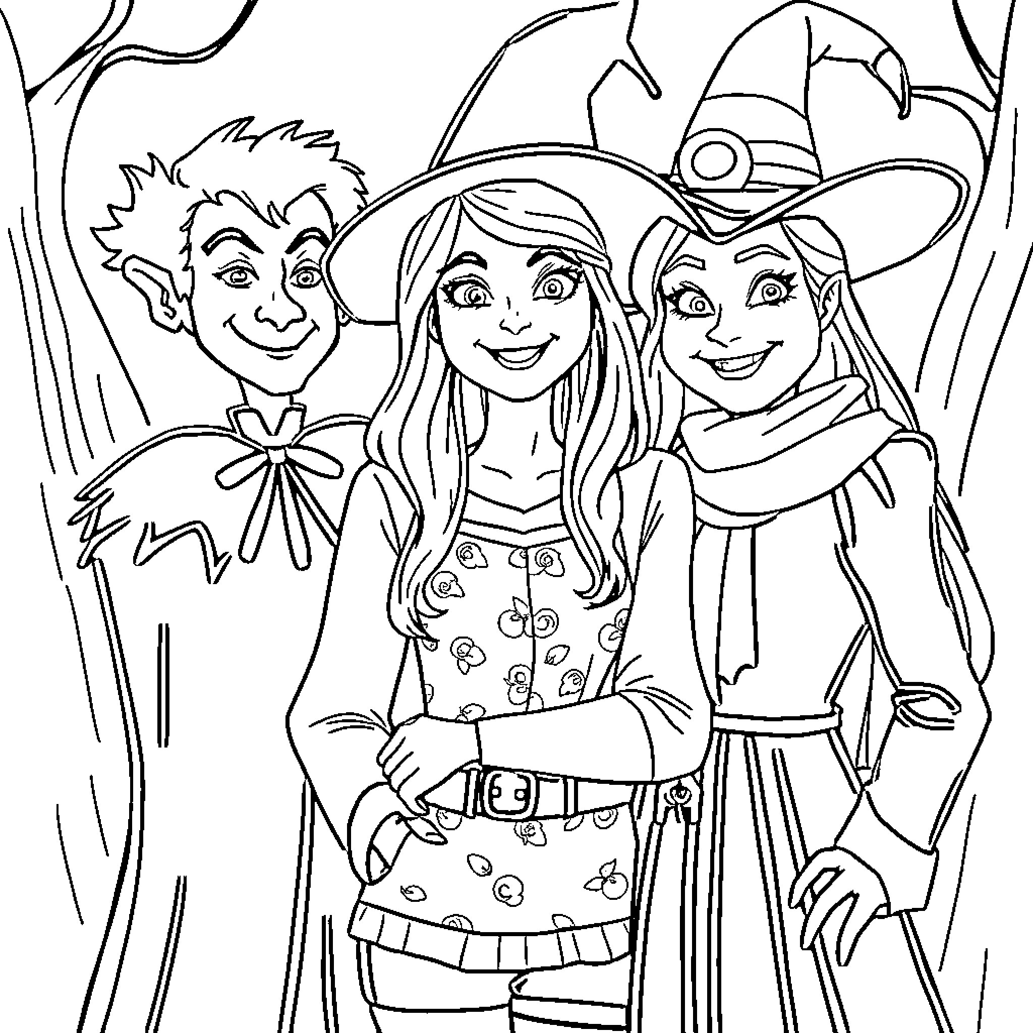 Characters enjoying a playful autumn scene Coloring Page (free black-and-white line drawing printable PDF for all, from beginners to advanced learners, including children, teens, adults, and seniors)