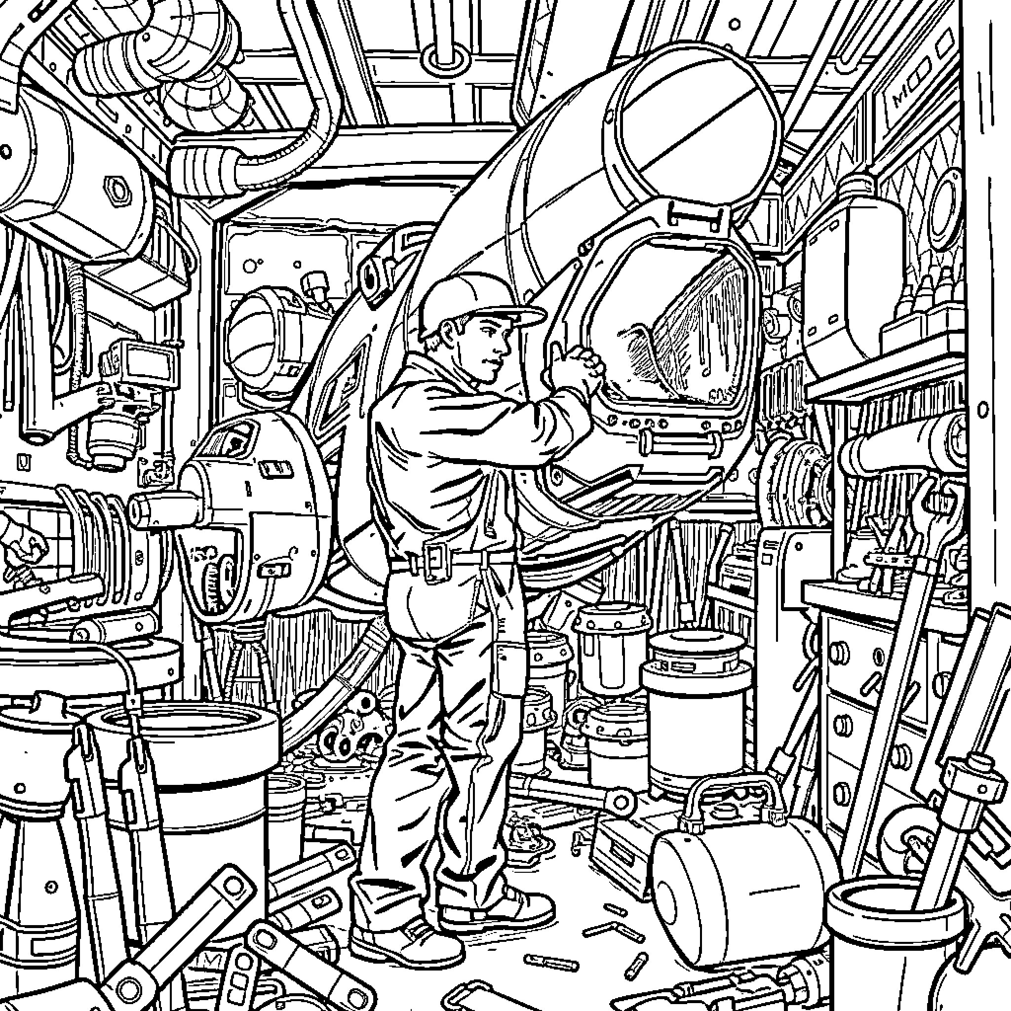 Mechanic Repairing Complex Machinery in Cluttered Workshop Coloring Page (free black-and-white line drawing printable PDF for all, from beginners to advanced learners, including children, teens, adults, and seniors)