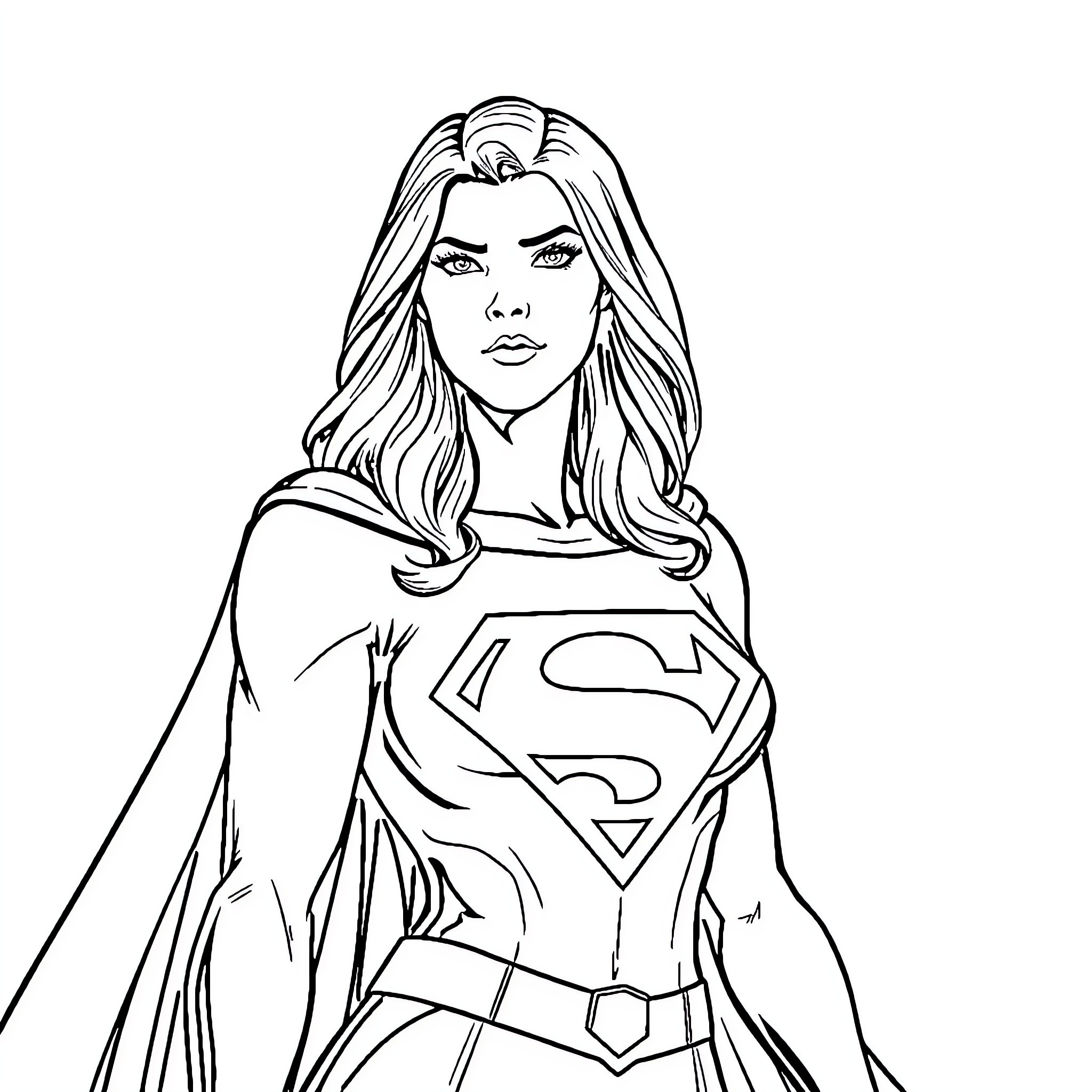 Supergirl in heroic pose with signature outfit Coloring Page (free black-and-white line drawing printable PDF for all, from beginners to advanced learners, including children, teens, adults, and seniors)
