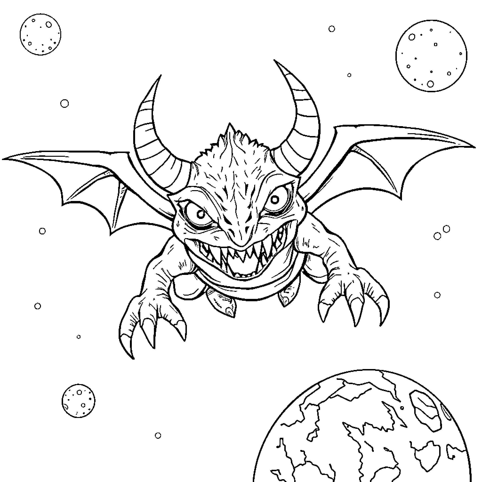 Monster Menacing Earth from the Cosmos Coloring Page (free black-and-white line drawing printable PDF for all, from beginners to advanced learners, including children, teens, adults, and seniors)