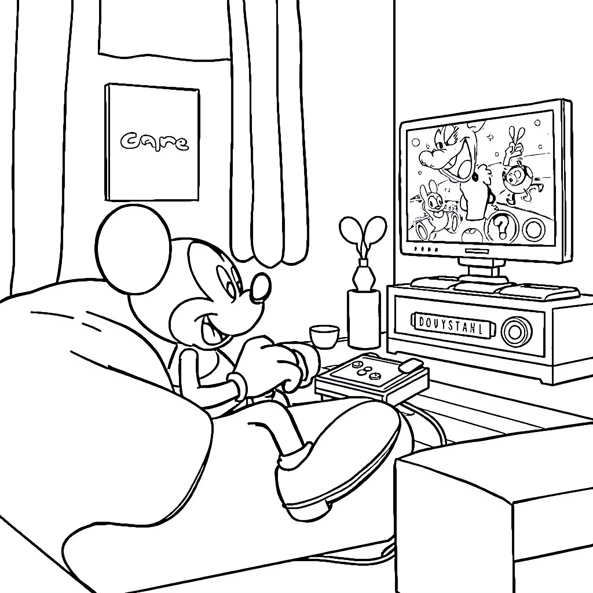 Mickey Mouse enjoying a cozy day at home Coloring Page (free black-and-white line drawing printable PDF for all, from beginners to advanced learners, including children, teens, adults, and seniors)