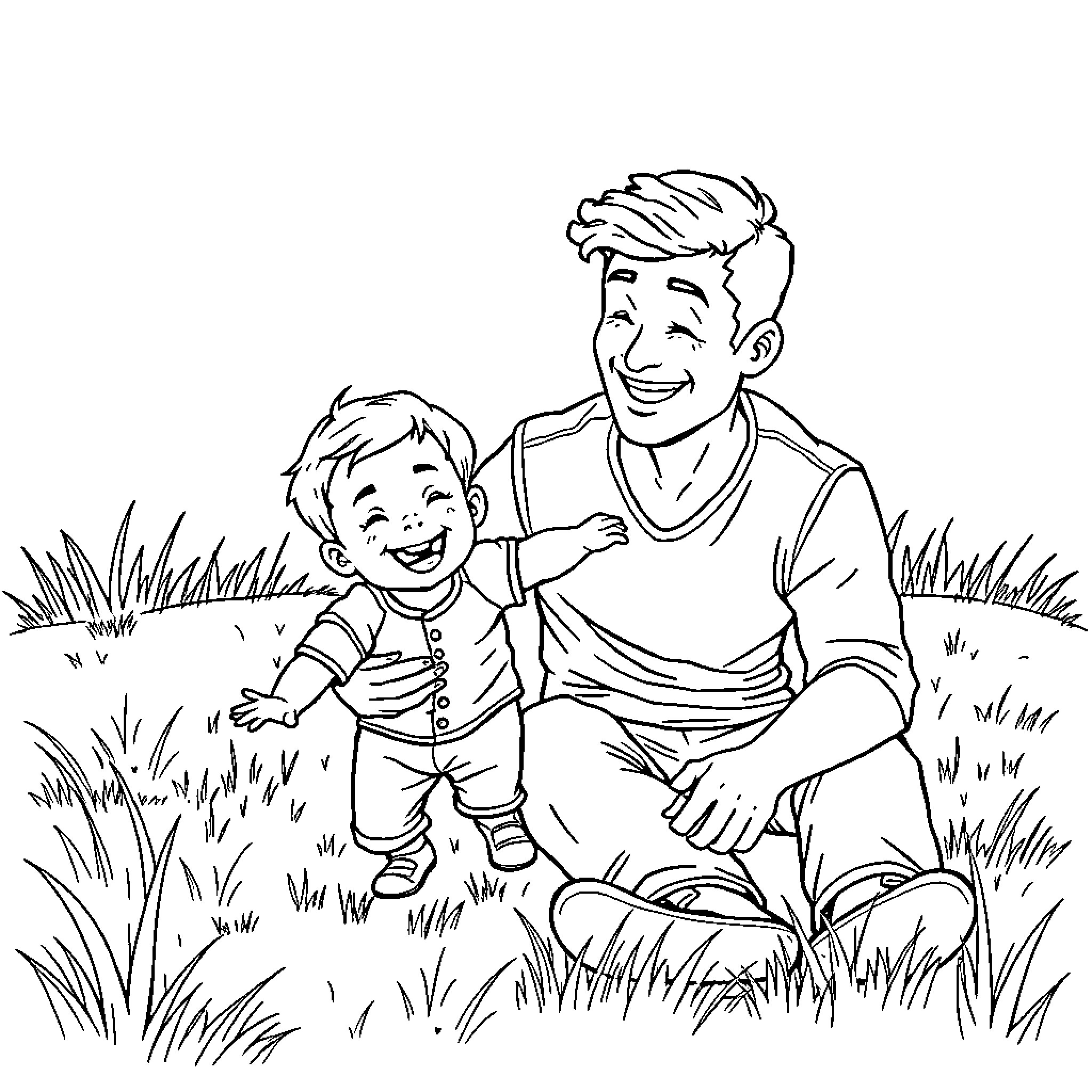 Boy playing happily with father in the grass Coloring Page (free black-and-white line drawing printable PDF for all, from beginners to advanced learners, including children, teens, adults, and seniors)
