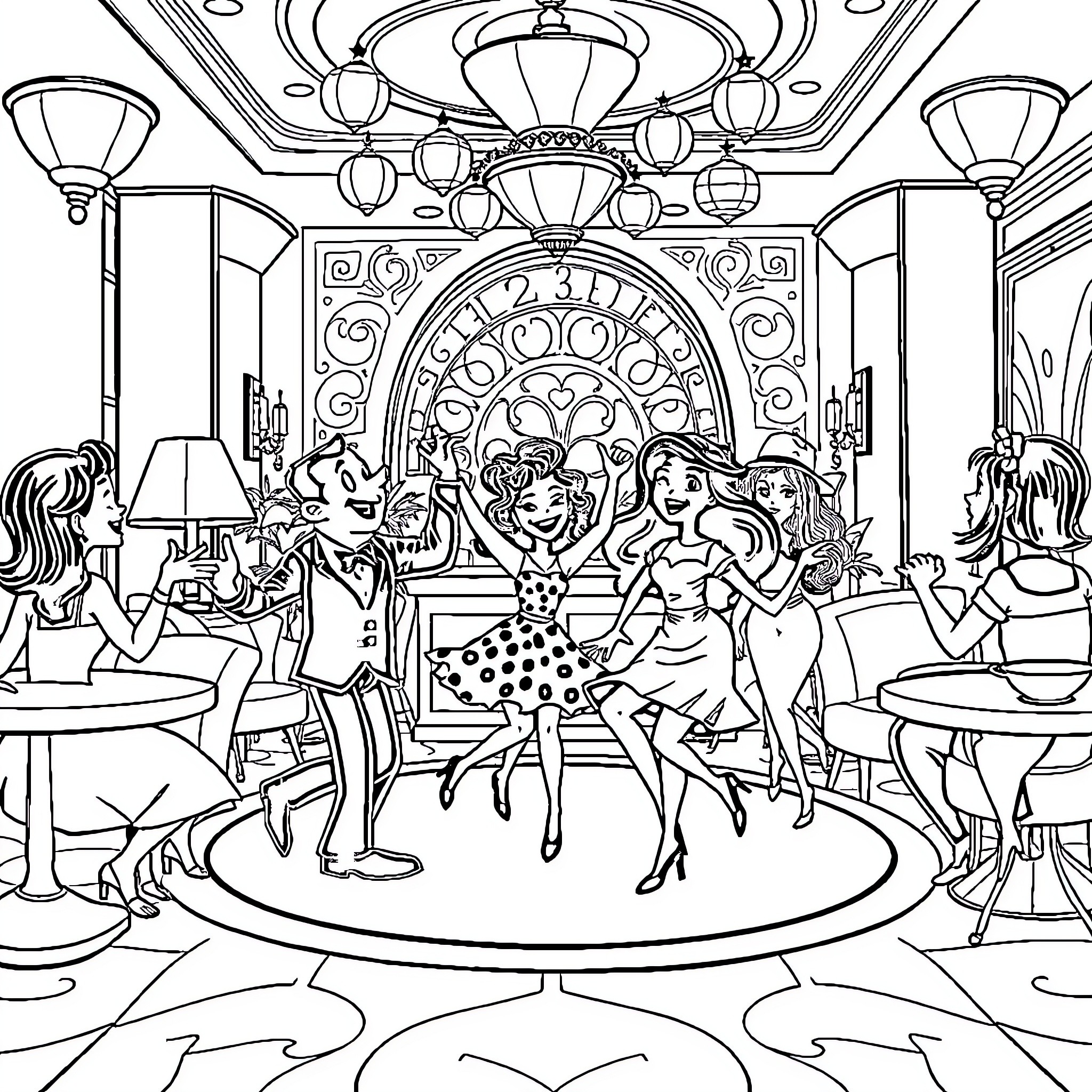 Hazbin Hotel: Characters in Animated Lobby Setting Coloring Page (free black-and-white line drawing printable PDF for all, from beginners to advanced learners, including children, teens, adults, and seniors)