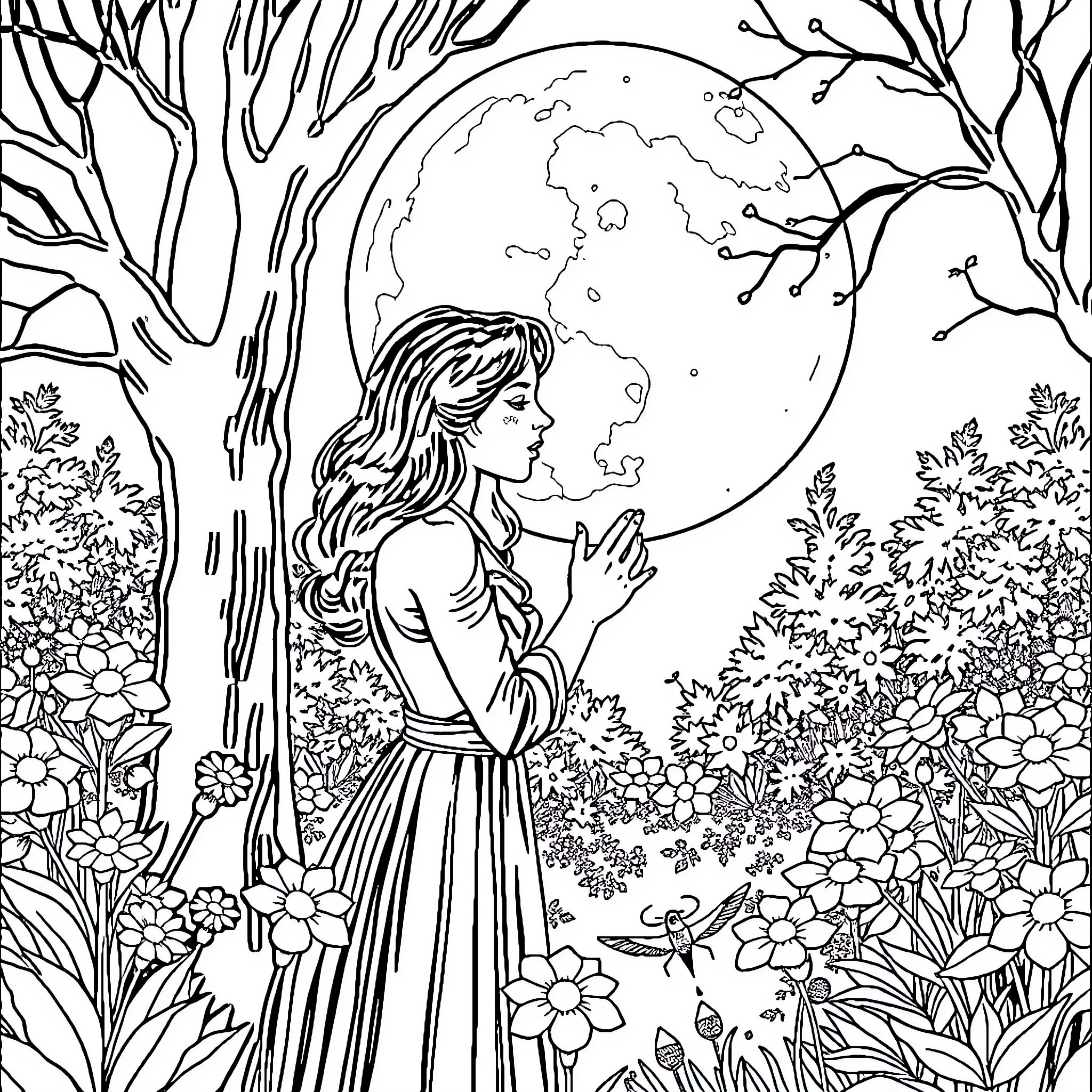 Wednesday Night Under the Moonlit Forest Coloring Page (free black-and-white line drawing printable PDF for all, from beginners to advanced learners, including children, teens, adults, and seniors)