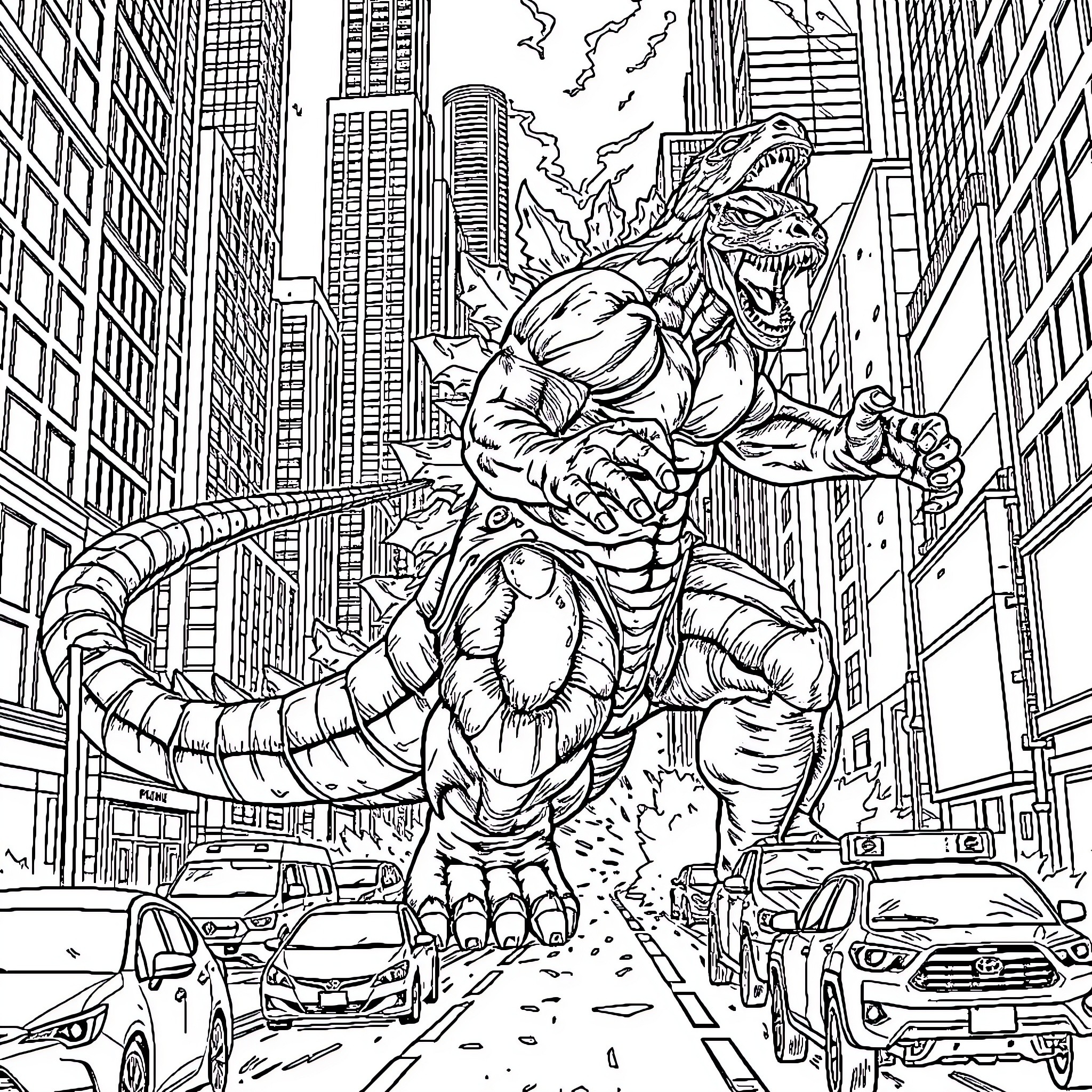 Hulk Rampaging Through Cityscape with Destruction Coloring Page (free black-and-white line drawing printable PDF for all, from beginners to advanced learners, including children, teens, adults, and seniors)