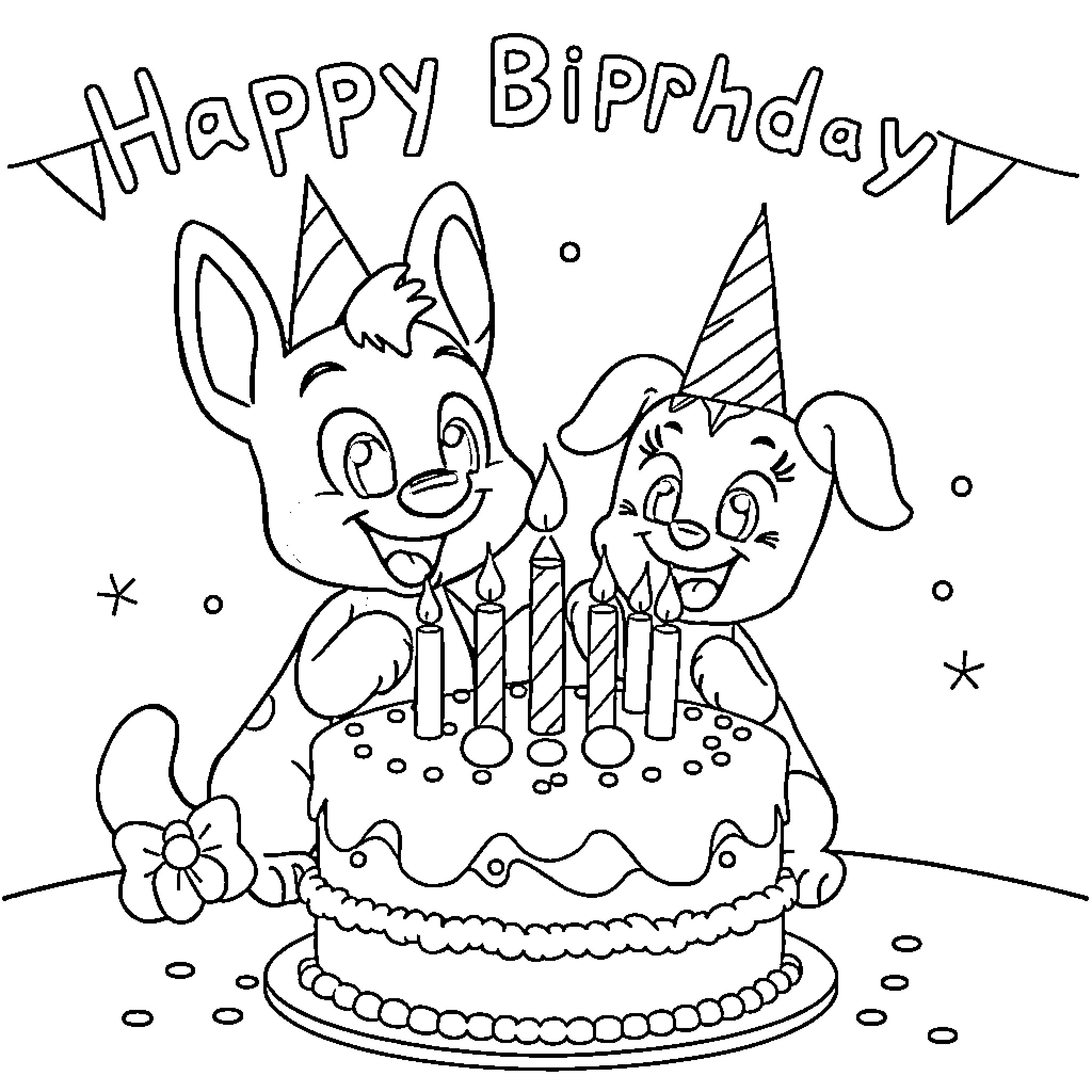 Bluey celebrating a festive birthday party Coloring Page (free black-and-white line drawing printable PDF for all, from beginners to advanced learners, including children, teens, adults, and seniors)