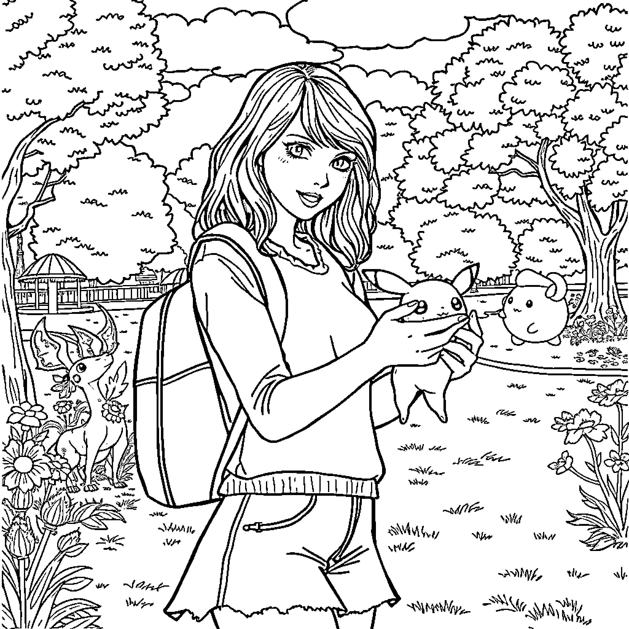 Taylor Swift enjoying a peaceful nature scene with animals Coloring Page (free black-and-white line drawing printable PDF for all, from beginners to advanced learners, including children, teens, adults, and seniors)