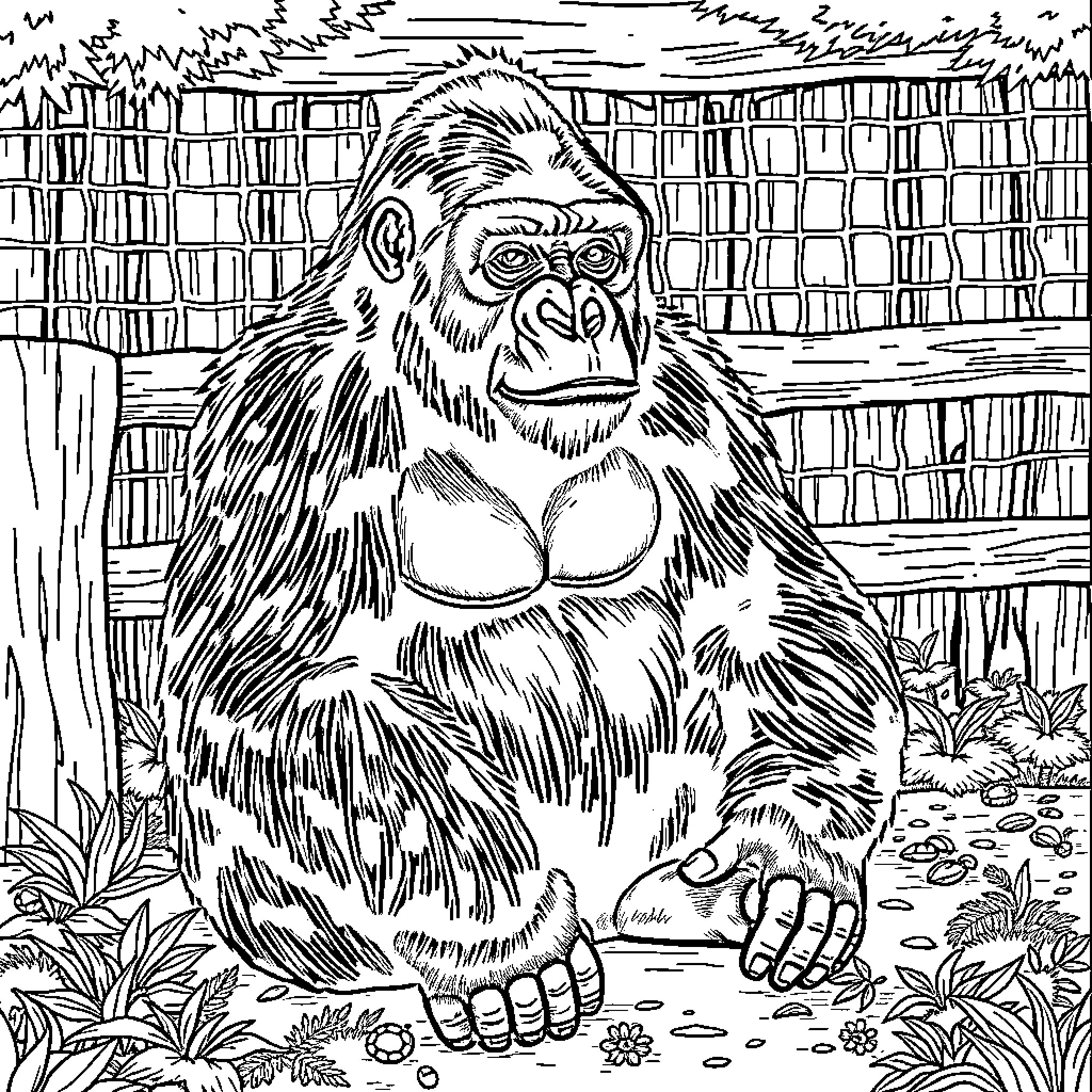 Ivan the Curious Gorilla Exploring the Wild Coloring Page (free black-and-white line drawing printable PDF for all, from beginners to advanced learners, including children, teens, adults, and seniors)