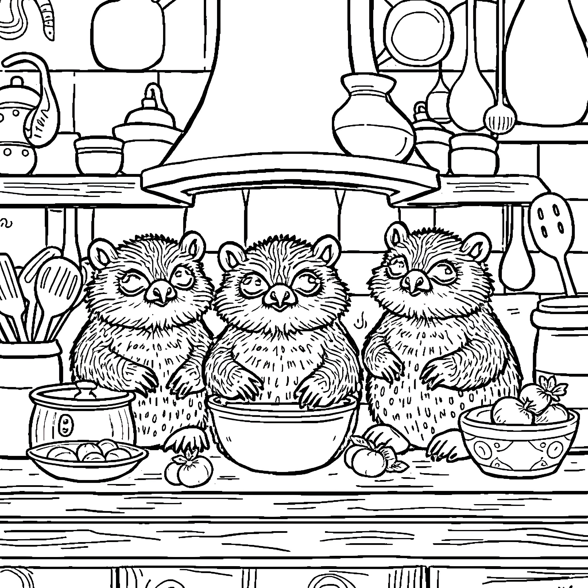 Oso Chefs Preparing Delicious Treats in the Kitchen Coloring Page (free black-and-white line drawing printable PDF for all, from beginners to advanced learners, including children, teens, adults, and seniors)