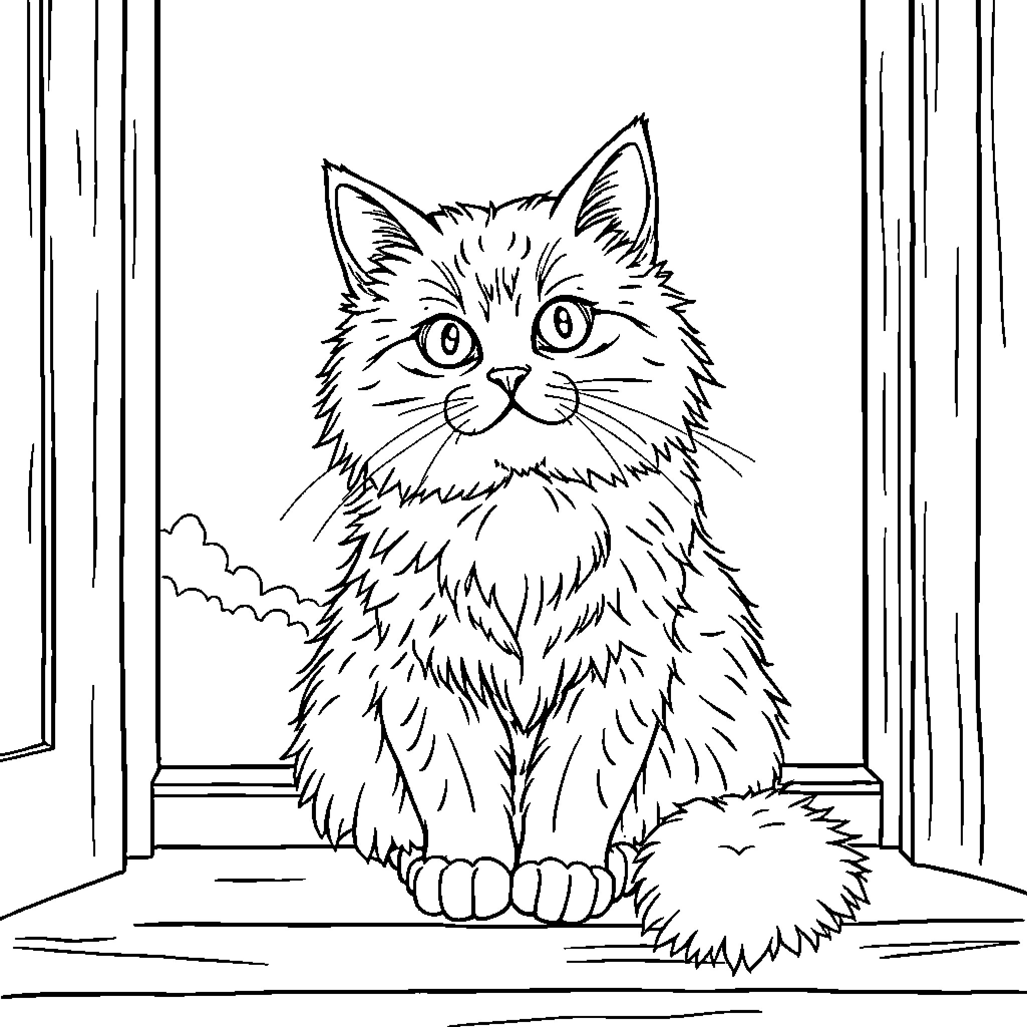 Cat sitting intently by window Coloring Page (free black-and-white line drawing printable PDF for all, from beginners to advanced learners, including children, teens, adults, and seniors)