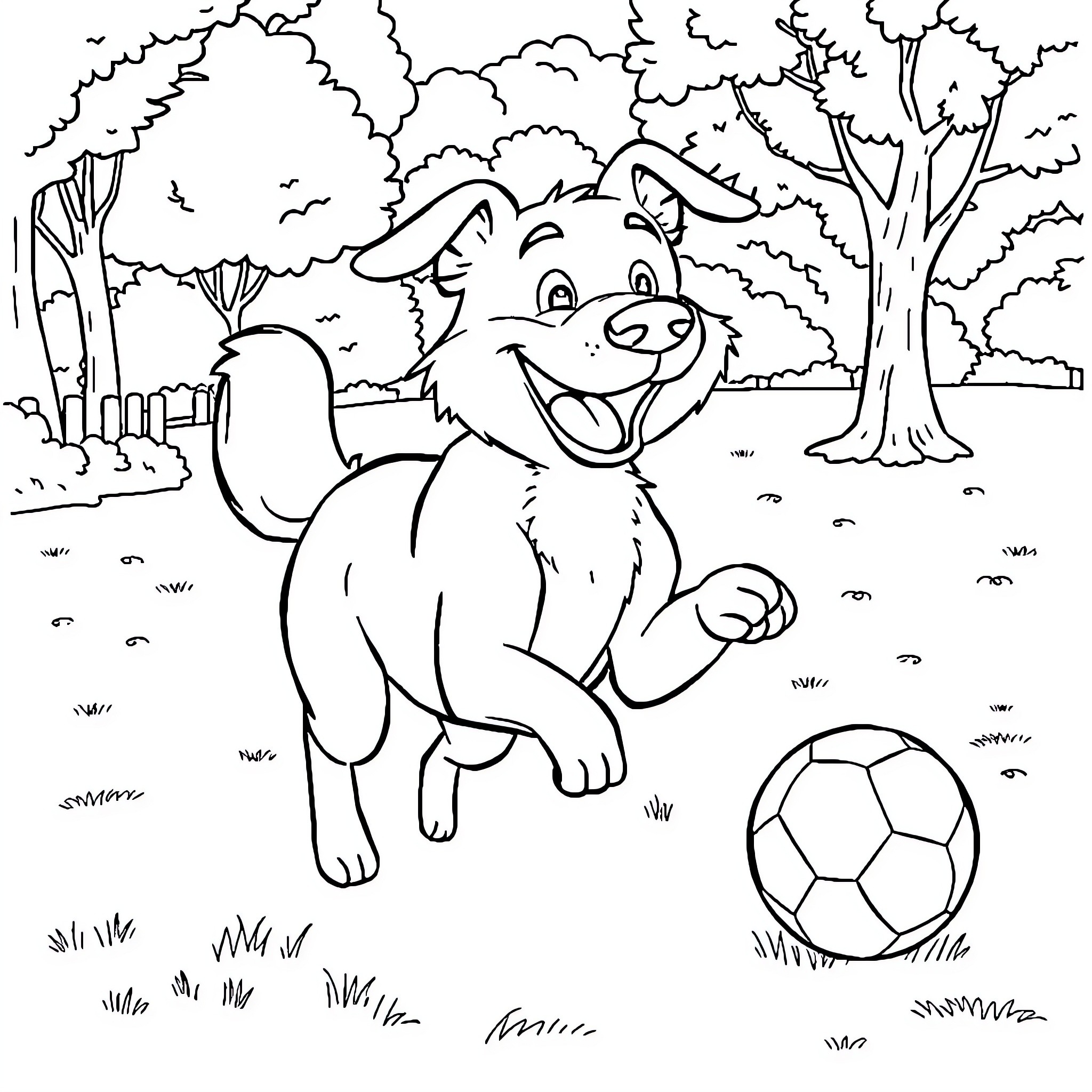 Bluet playing with a soccer ball in the park Coloring Page (free black-and-white line drawing printable PDF for all, from beginners to advanced learners, including children, teens, adults, and seniors)