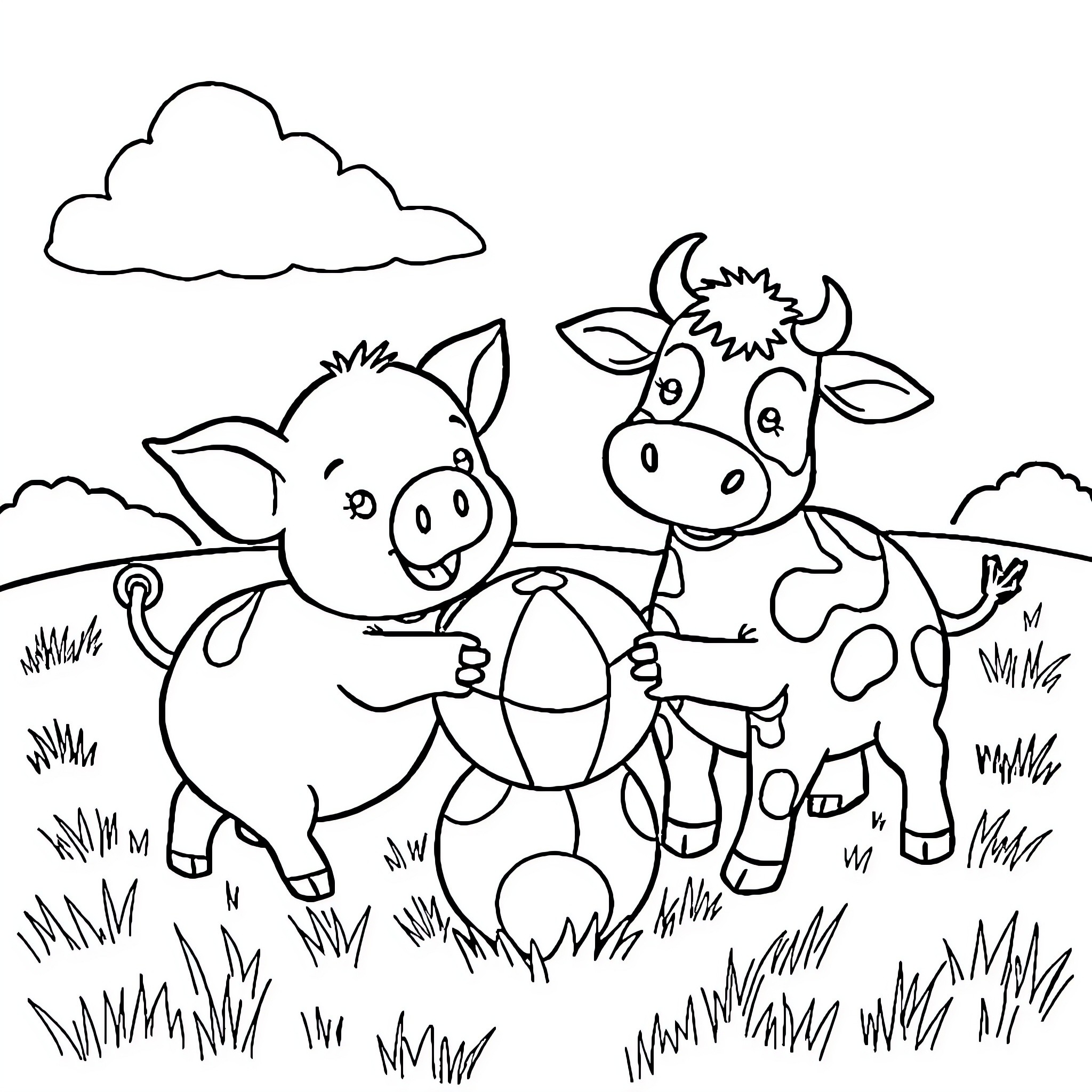 Pig and Cow in Playful Farmyard Scene Coloring Page (free black-and-white line drawing printable PDF for all, from beginners to advanced learners, including children, teens, adults, and seniors)