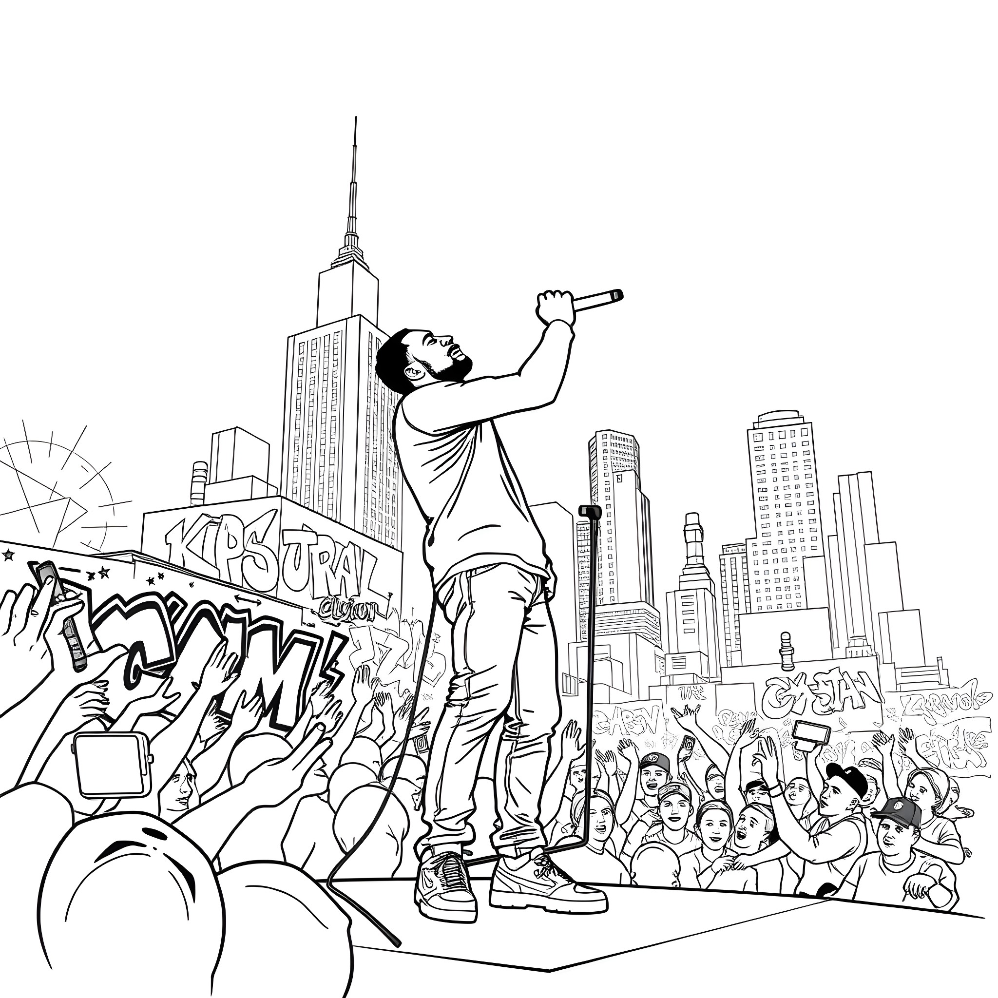 Kendrick Lamar's Energetic Performance on Stage Coloring Page (free black-and-white line drawing printable PDF for all, from beginners to advanced learners, including children, teens, adults, and seniors)