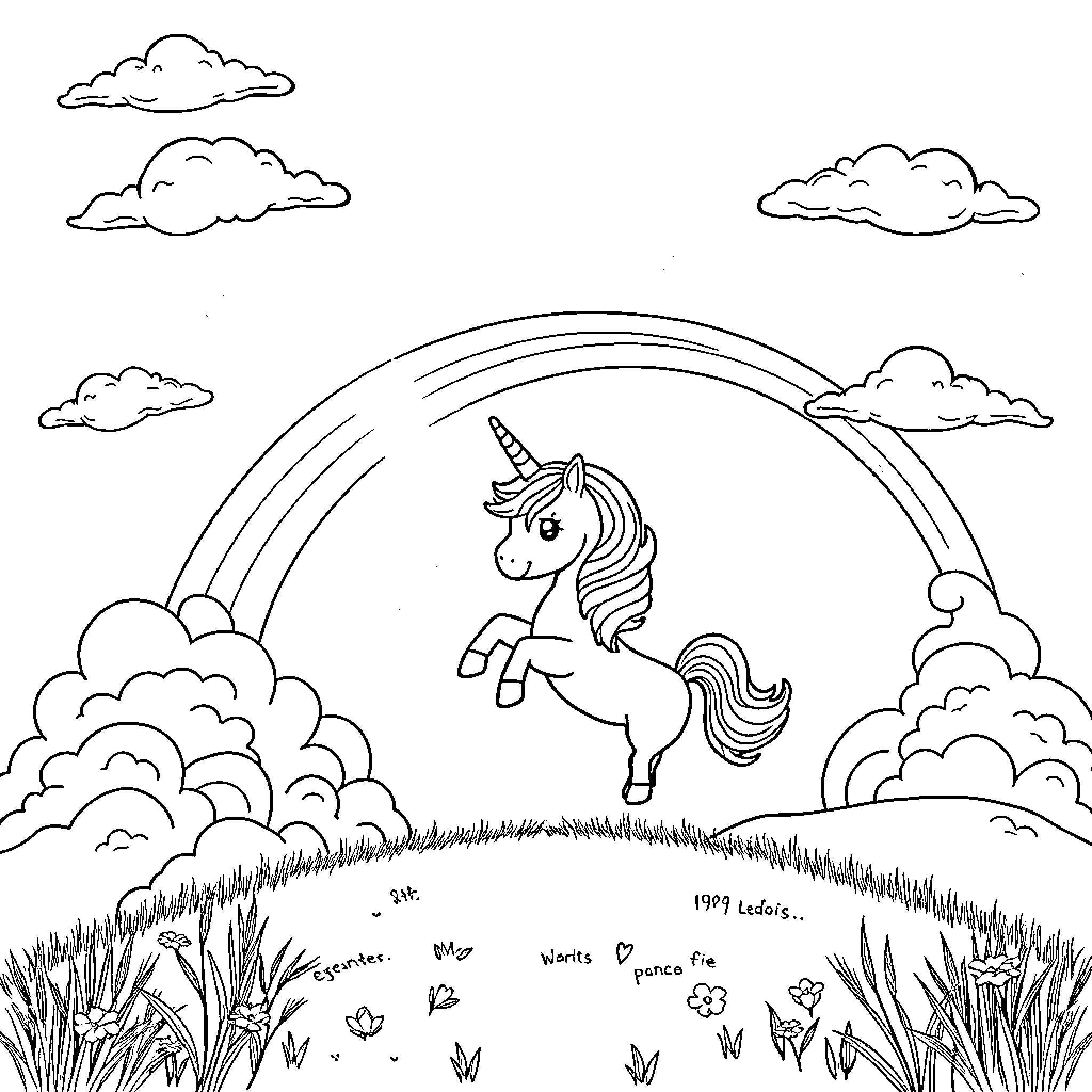 Unicorn galloping joyfully under a rainbow Coloring Page (free black-and-white line drawing printable PDF for all, from beginners to advanced learners, including children, teens, adults, and seniors)