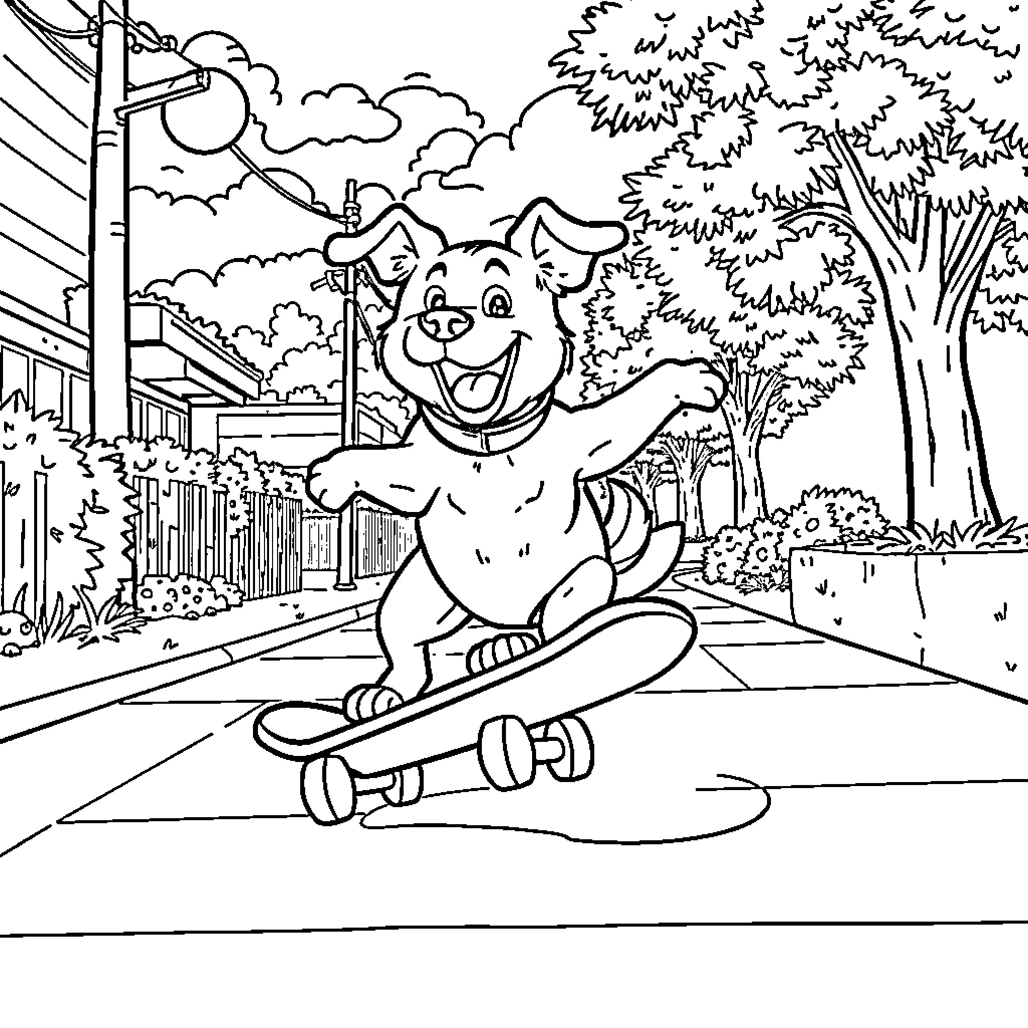 Dog riding skateboard in the park Coloring Page (free black-and-white line drawing printable PDF for all, from beginners to advanced learners, including children, teens, adults, and seniors)