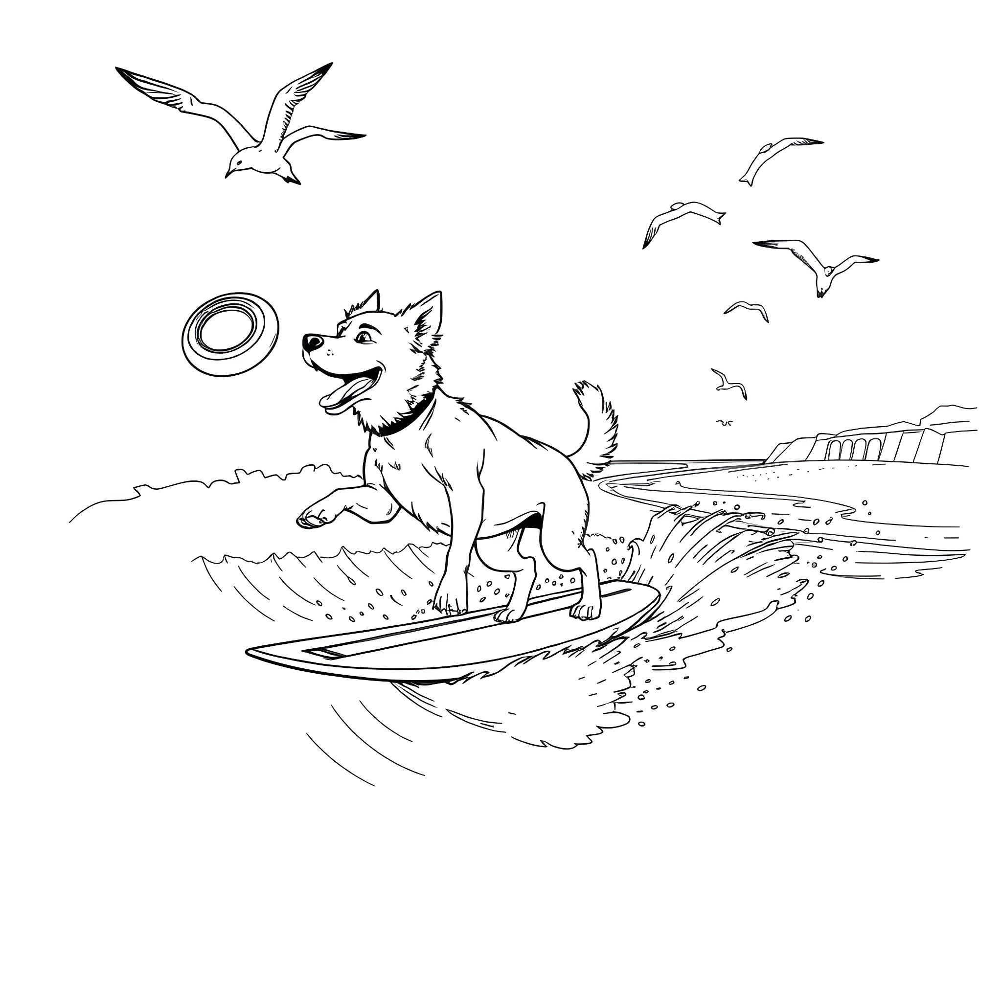 Dog surfing happily by the ocean Coloring Page (free black-and-white line drawing printable PDF for all, from beginners to advanced learners, including children, teens, adults, and seniors)