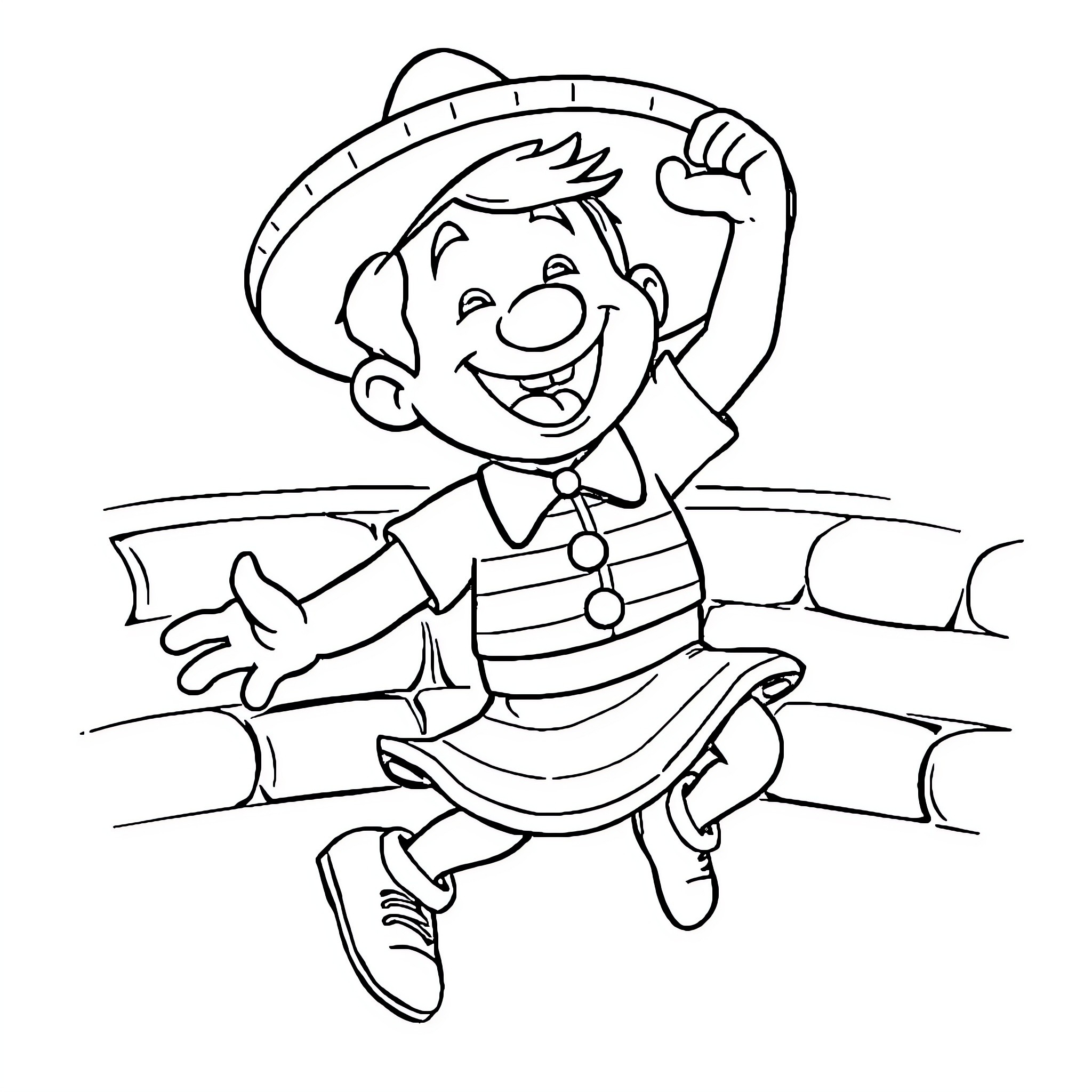 Chavo del Ocho happily jumping and waving Coloring Page (free black-and-white line drawing printable PDF for all, from beginners to advanced learners, including children, teens, adults, and seniors)
