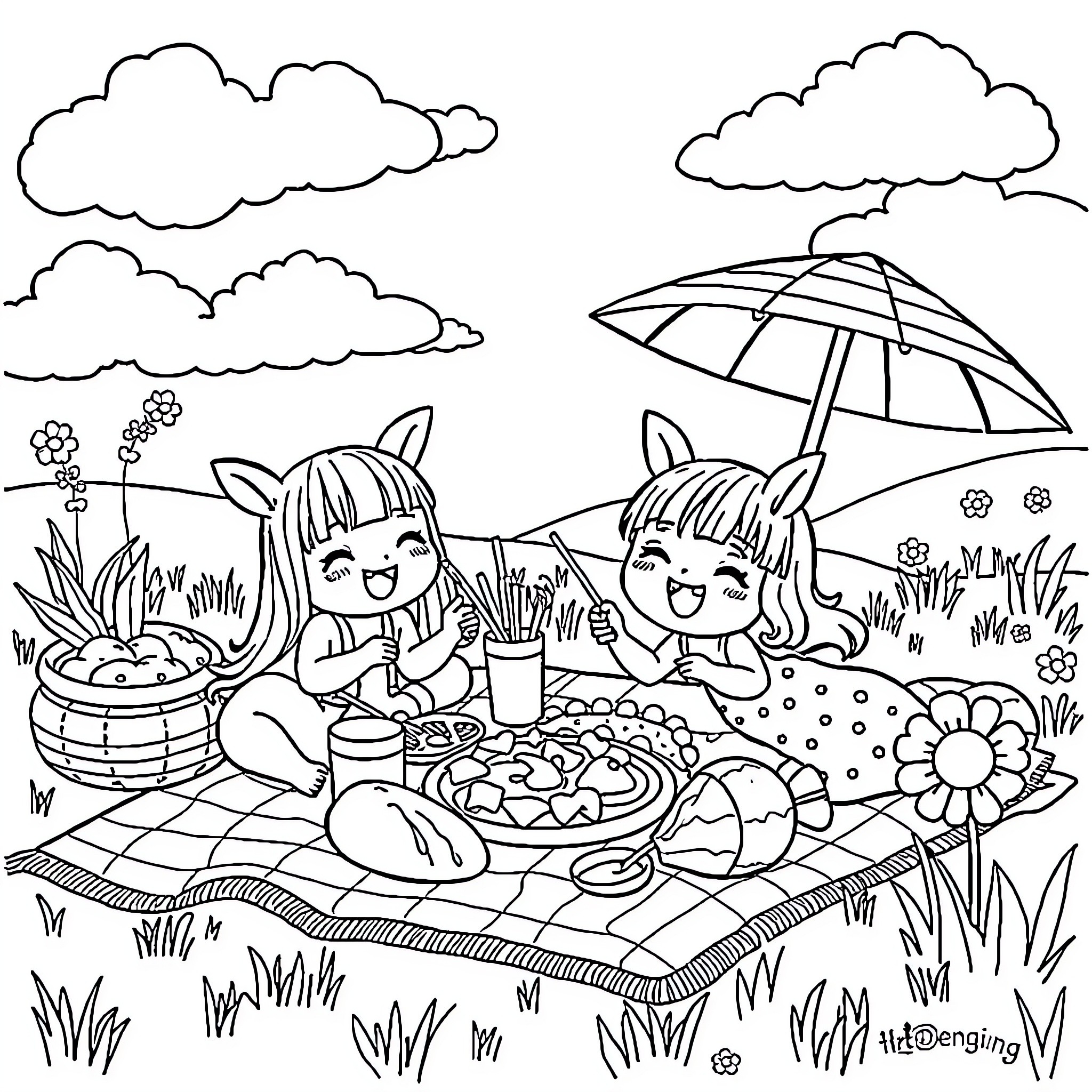 Ddeongbyeoli girls having a picnic in the park Coloring Page (free black-and-white line drawing printable PDF for all, from beginners to advanced learners, including children, teens, adults, and seniors)