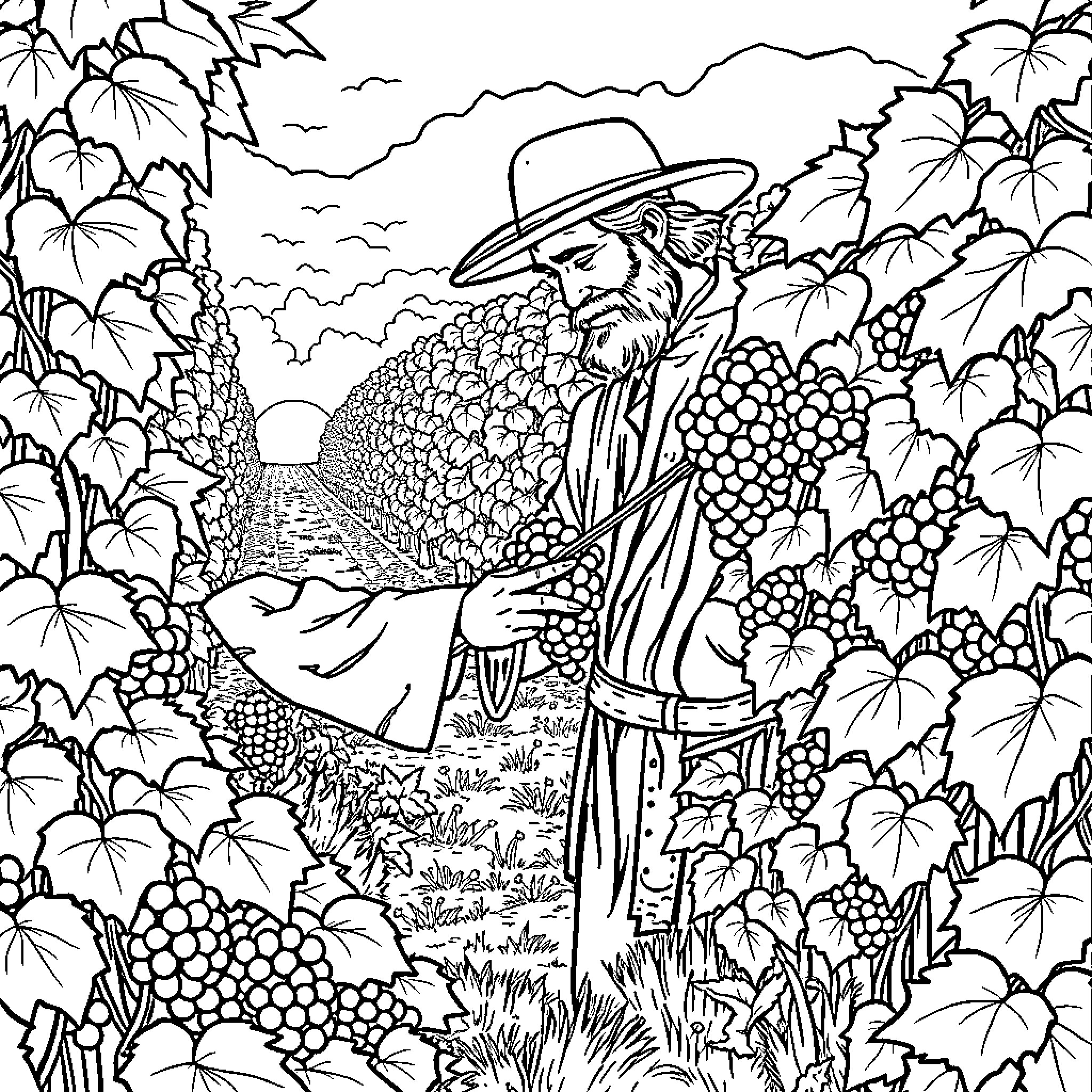 Vine Dresser tending to abundant grape harvest in garden Coloring Page (free black-and-white line drawing printable PDF for all, from beginners to advanced learners, including children, teens, adults, and seniors)
