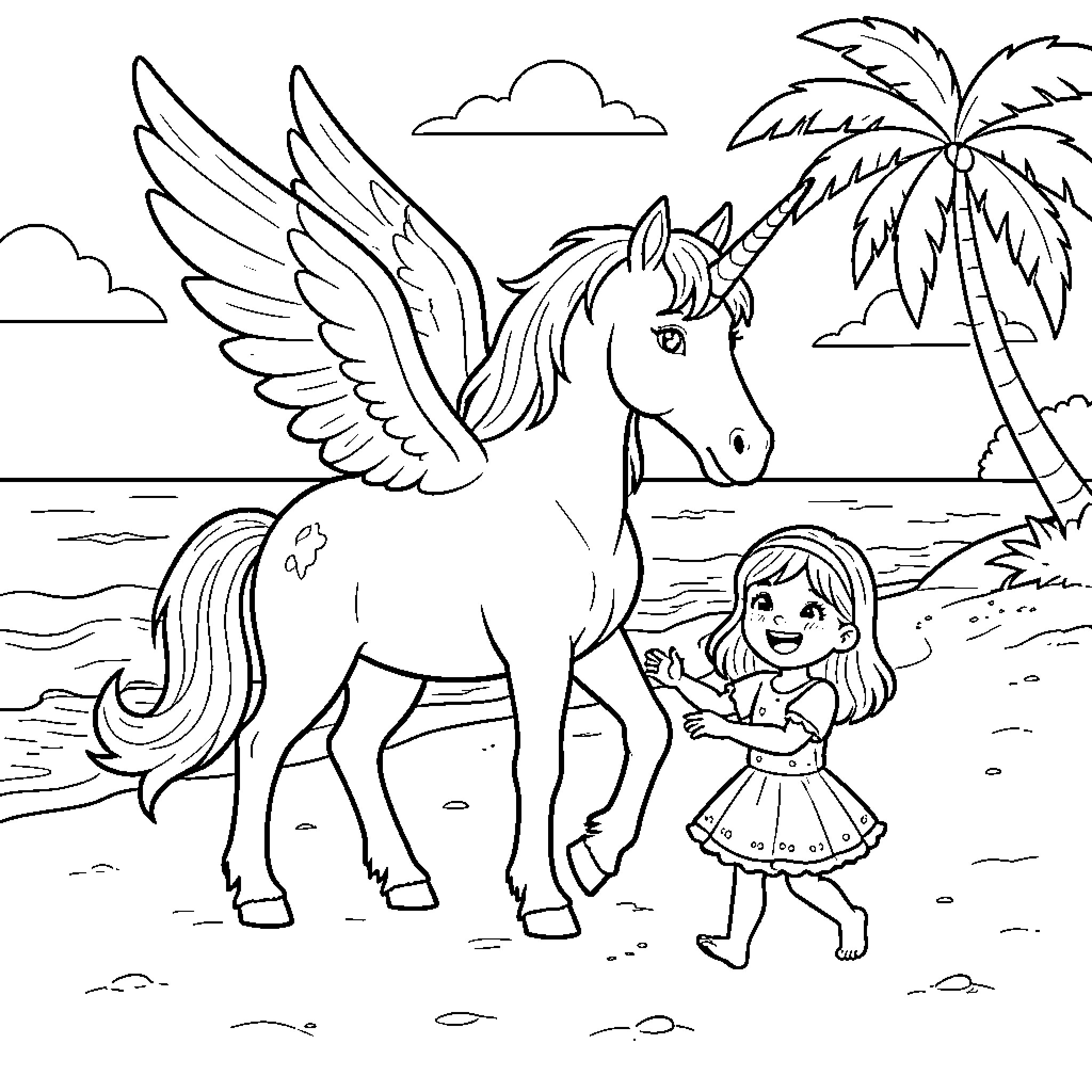 Unicorn and girl enjoying a tropical beach scene Coloring Page (free black-and-white line drawing printable PDF for all, from beginners to advanced learners, including children, teens, adults, and seniors)