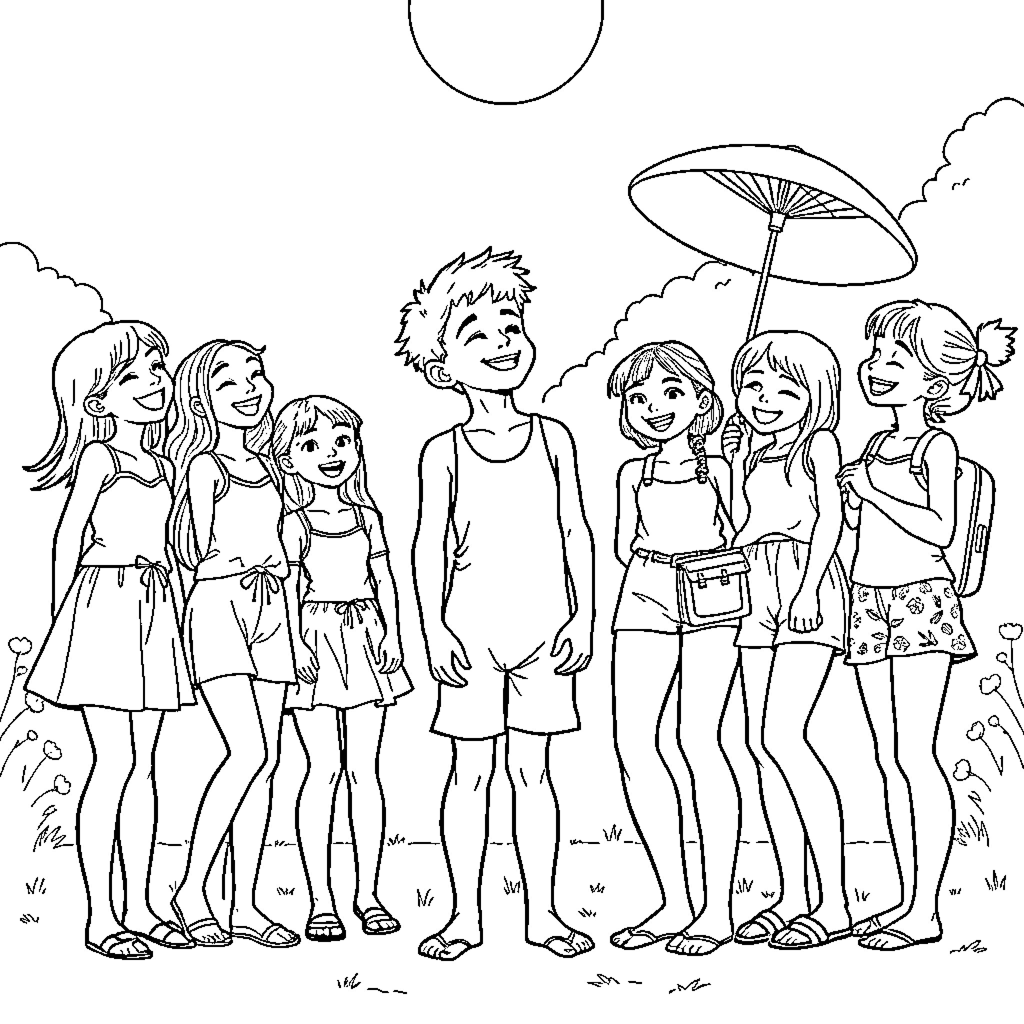 Boy with friends enjoying a sunny day outdoors Coloring Page (free black-and-white line drawing printable PDF for all, from beginners to advanced learners, including children, teens, adults, and seniors)
