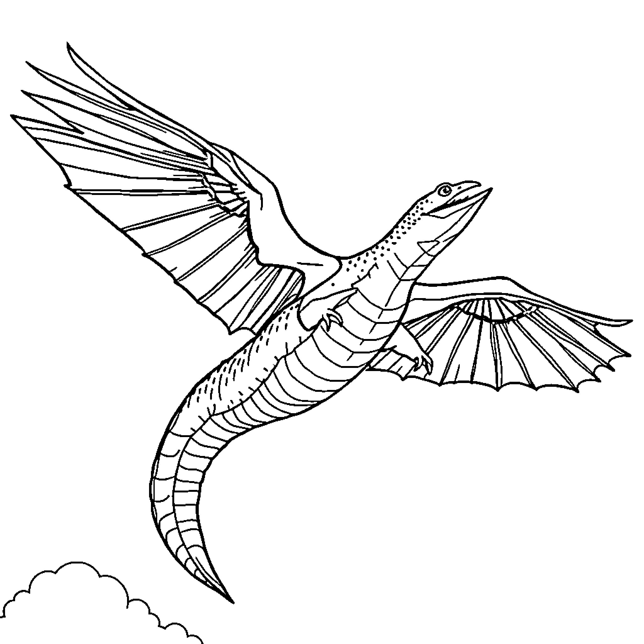 Ohnezahn soaring gracefully through the skies Coloring Page (free black-and-white line drawing printable PDF for all, from beginners to advanced learners, including children, teens, adults, and seniors)