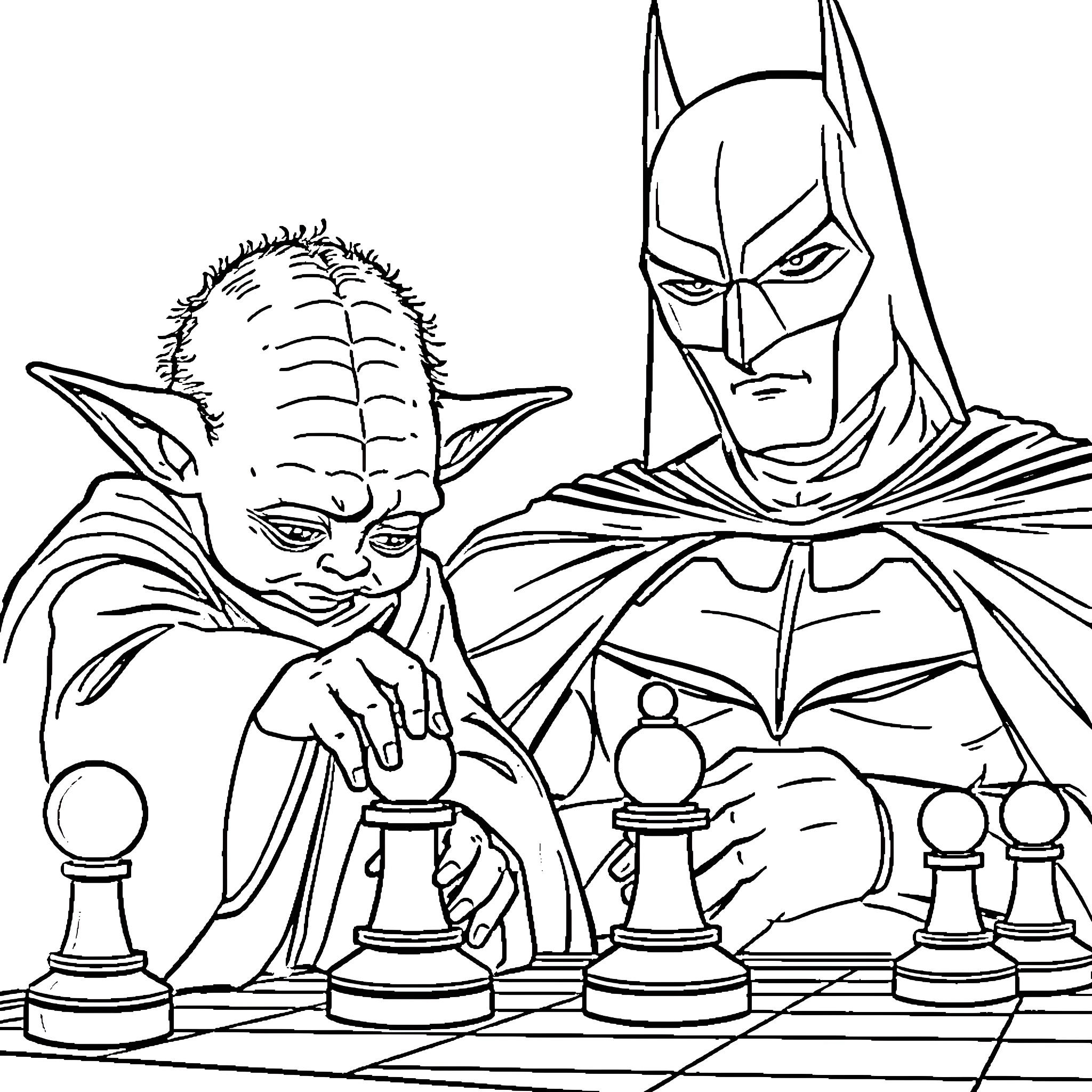 Yoda and Batman playing chess Coloring Page (free black-and-white line drawing printable PDF for all, from beginners to advanced learners, including children, teens, adults, and seniors)