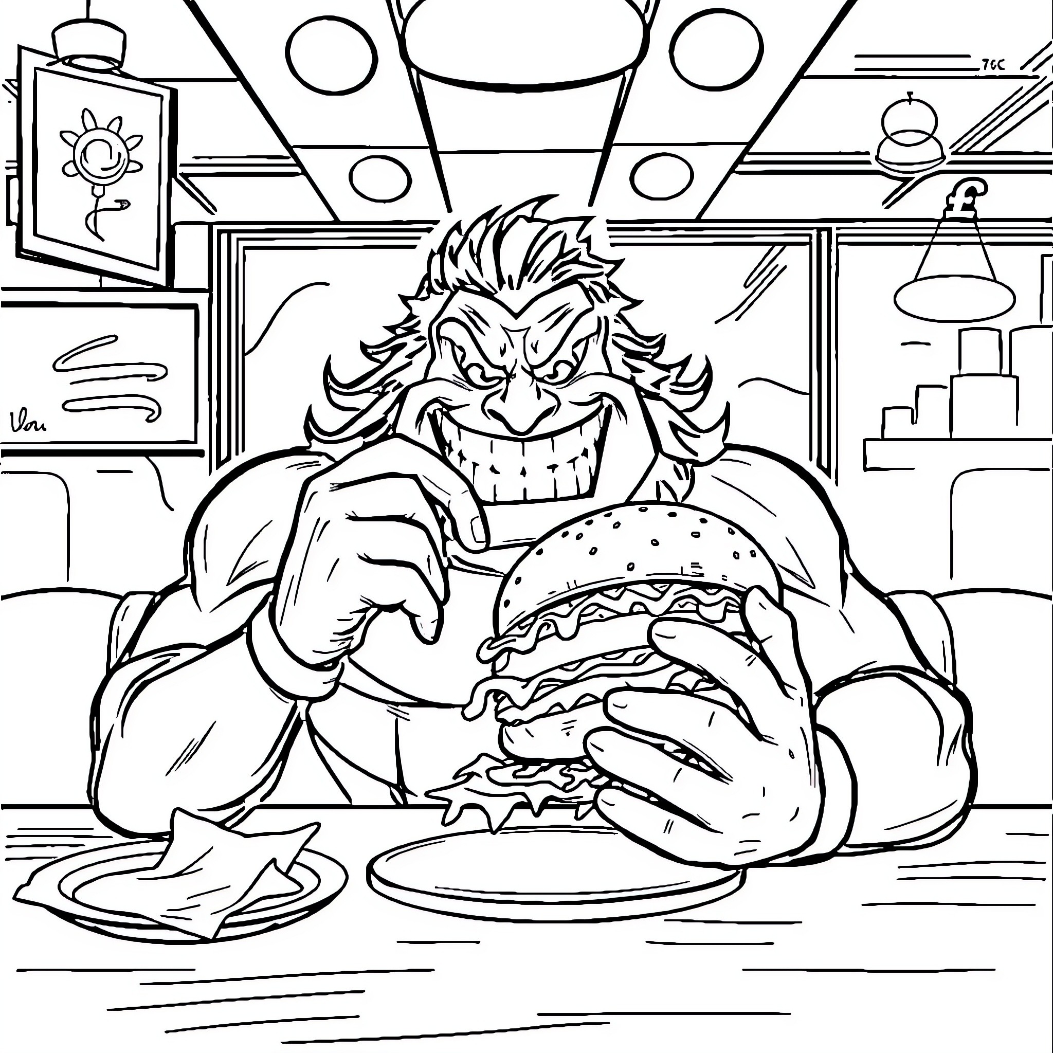 Lobo enjoys a monstrous burger in a diner Coloring Page (free black-and-white line drawing printable PDF for all, from beginners to advanced learners, including children, teens, adults, and seniors)