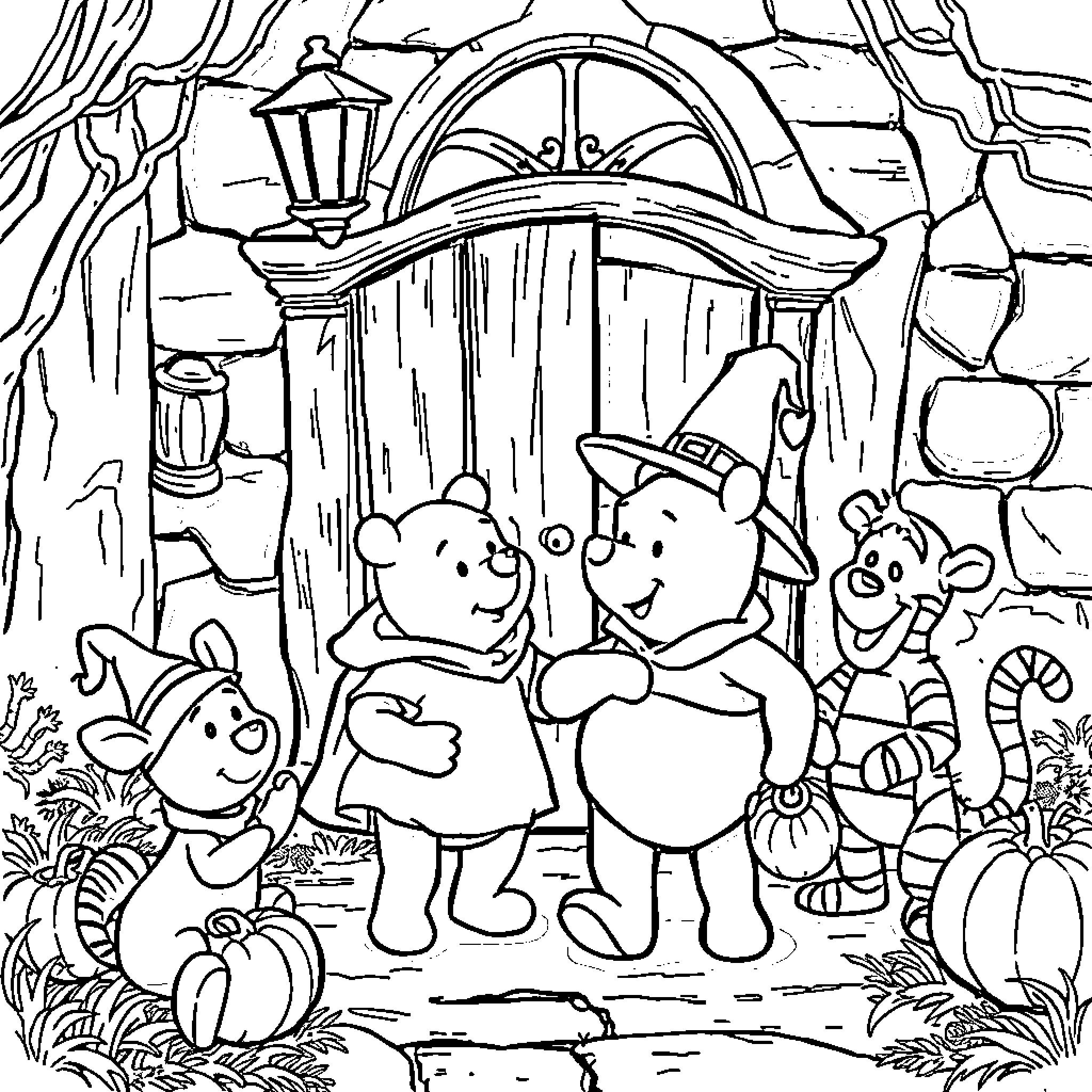Winnie The Pooh and friends exploring the enchanted forest Coloring Page (free black-and-white line drawing printable PDF for all, from beginners to advanced learners, including children, teens, adults, and seniors)