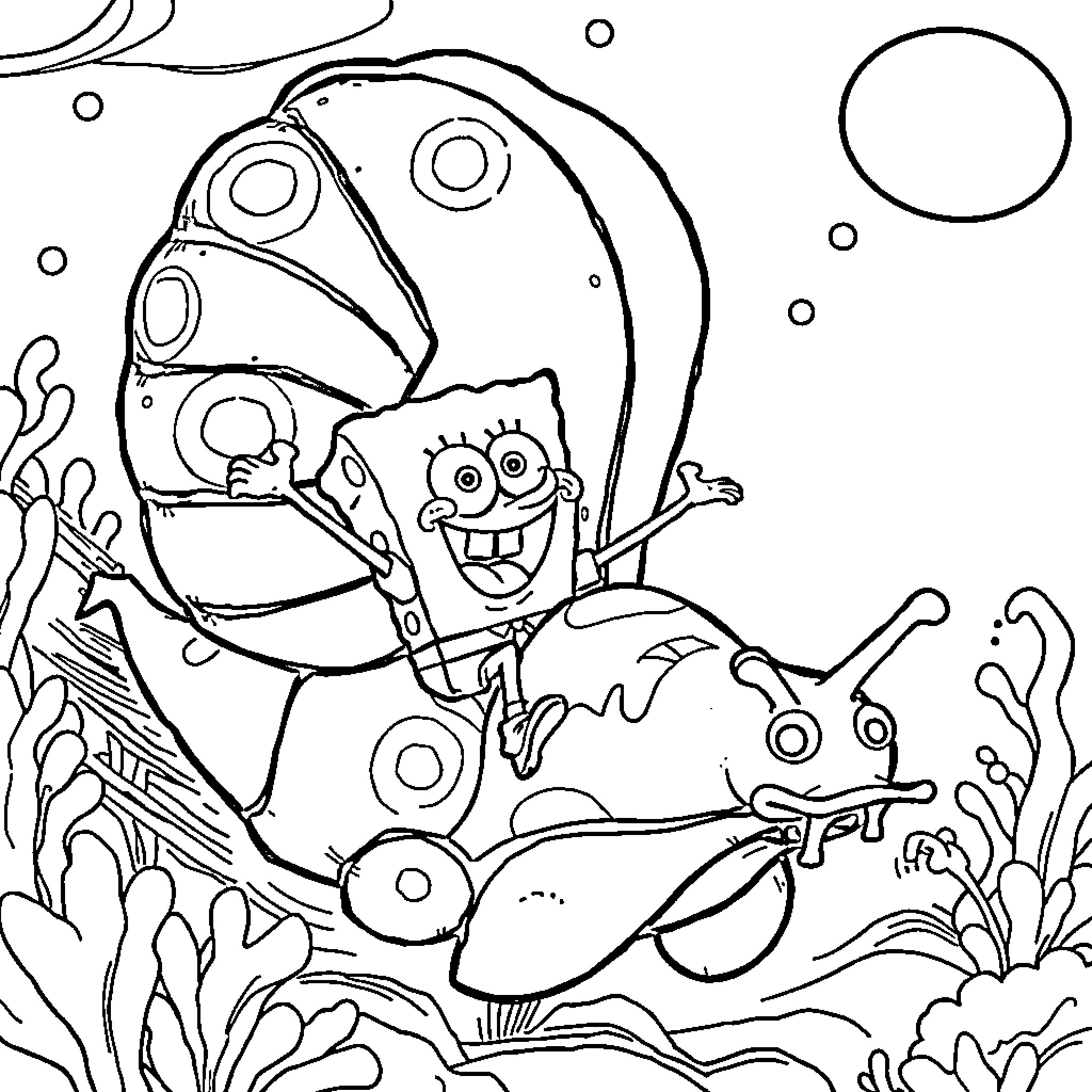 Spongebob and Patrick exploring the underwater world Coloring Page (free black-and-white line drawing printable PDF for all, from beginners to advanced learners, including children, teens, adults, and seniors)
