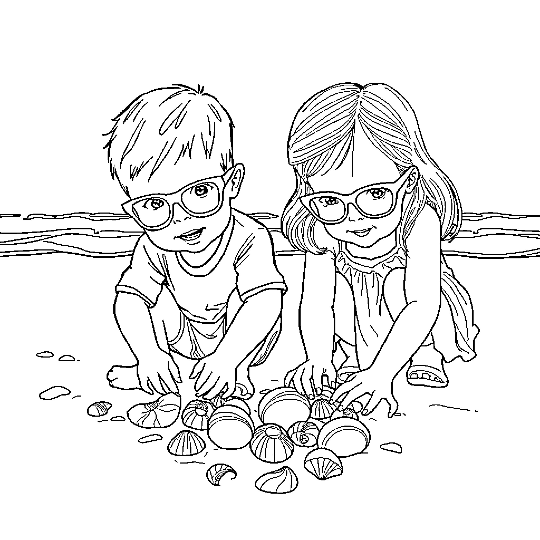 Child Exploring Nature with a Friend Coloring Page (free black-and-white line drawing printable PDF for all, from beginners to advanced learners, including children, teens, adults, and seniors)