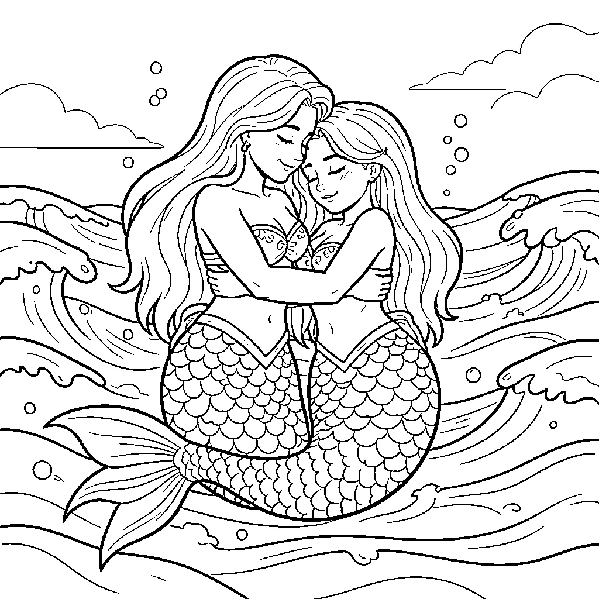 Mermaid sisters embracing in the underwater scene Coloring Page (free black-and-white line drawing printable PDF for all, from beginners to advanced learners, including children, teens, adults, and seniors)