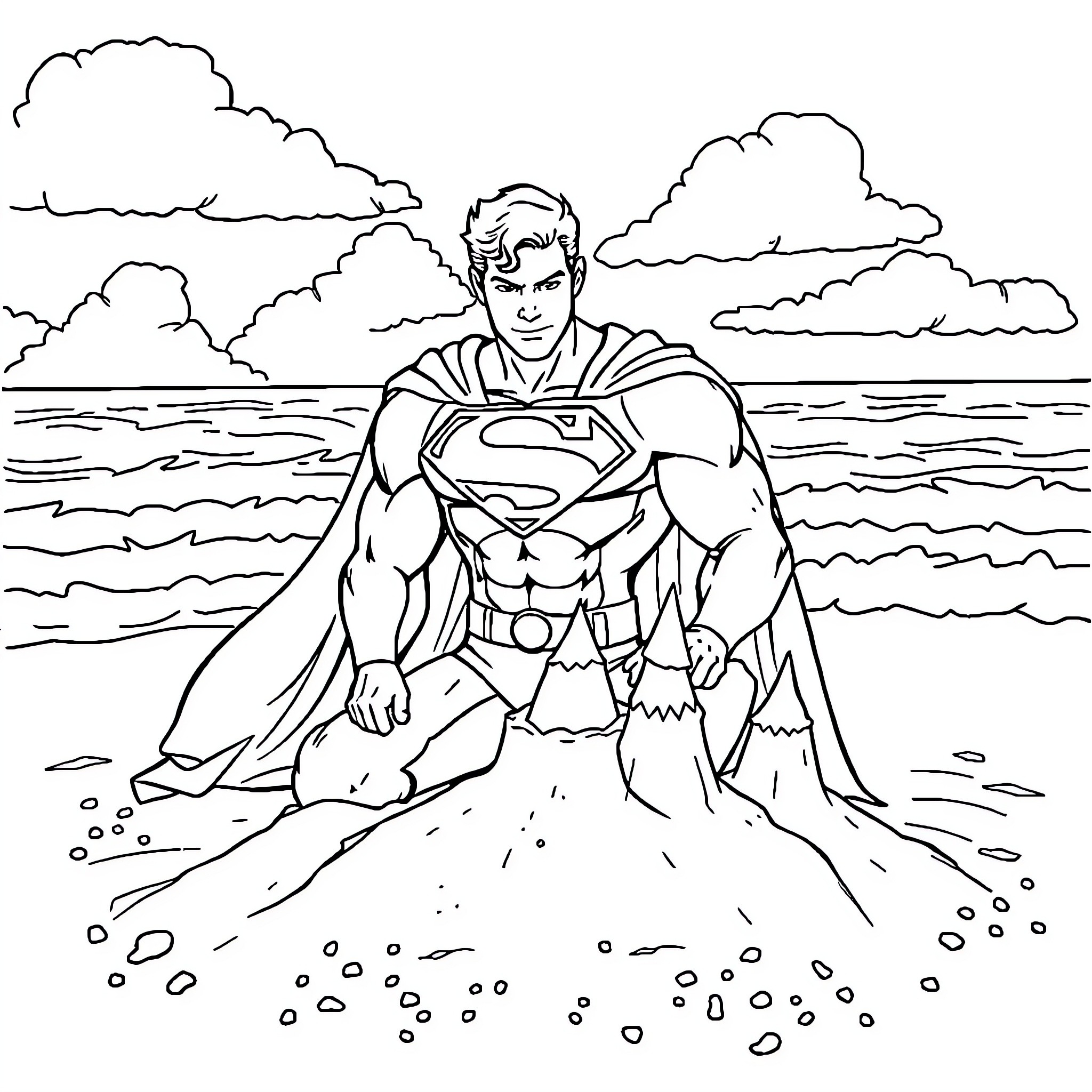 Superman standing heroically on the beach Coloring Page (free black-and-white line drawing printable PDF for all, from beginners to advanced learners, including children, teens, adults, and seniors)