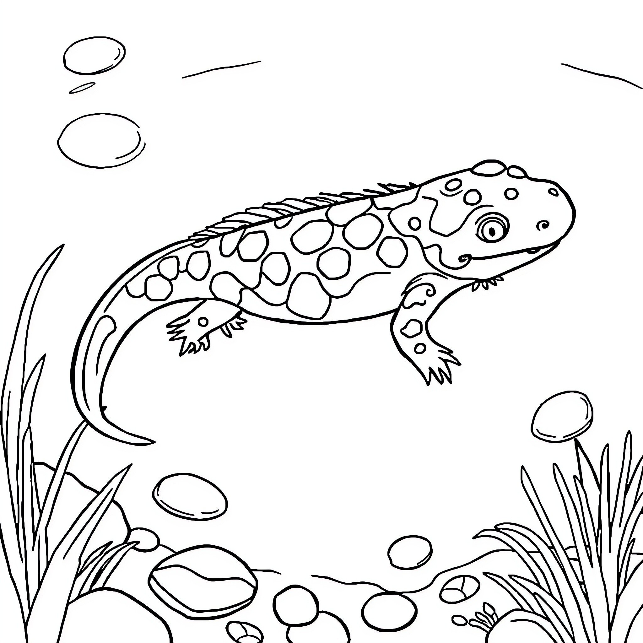 Axolotl exploring the underwater environment Coloring Page (free black-and-white line drawing printable PDF for all, from beginners to advanced learners, including children, teens, adults, and seniors)