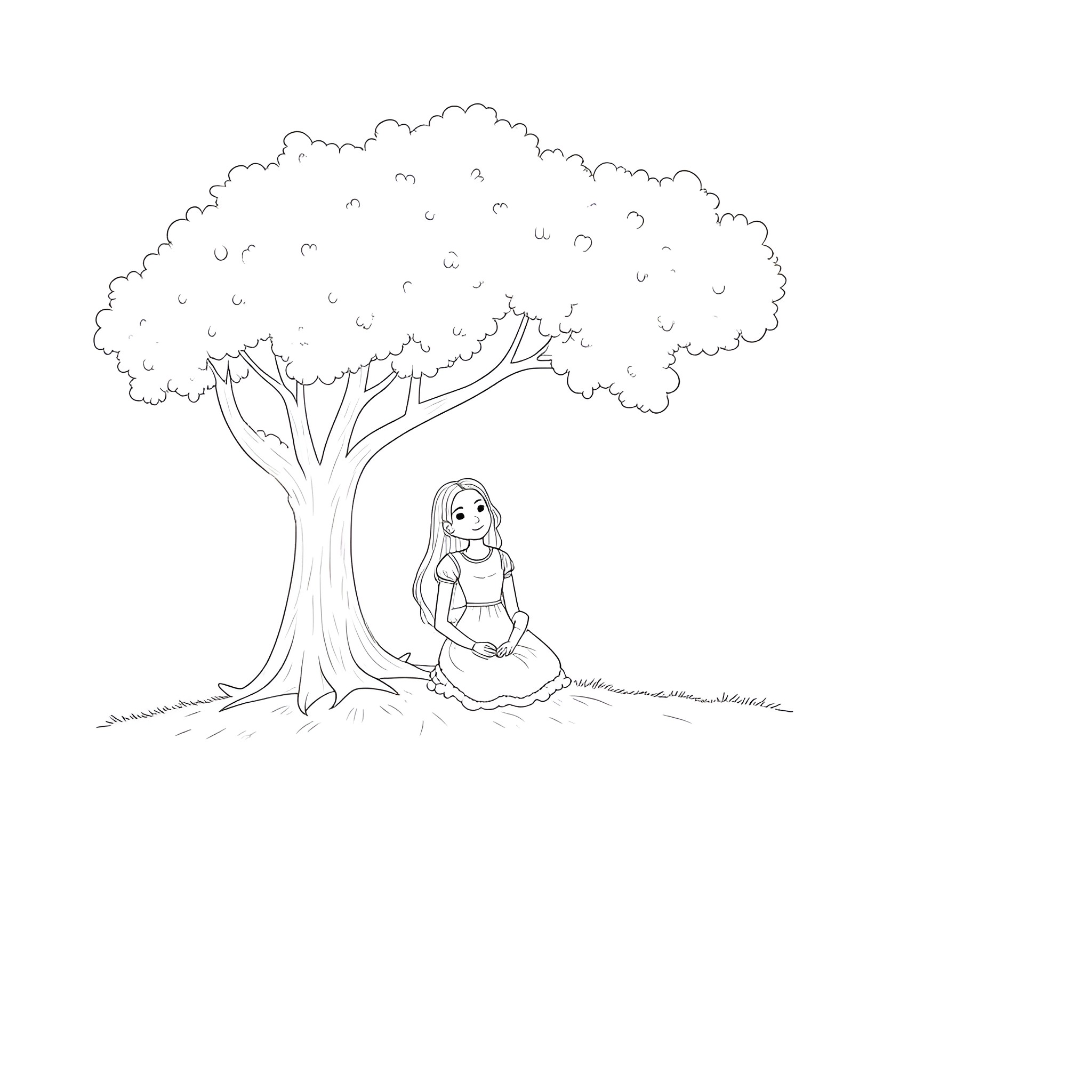 Alice Mitchel relaxing under a tree Coloring Page (free black-and-white line drawing printable PDF for all, from beginners to advanced learners, including children, teens, adults, and seniors)