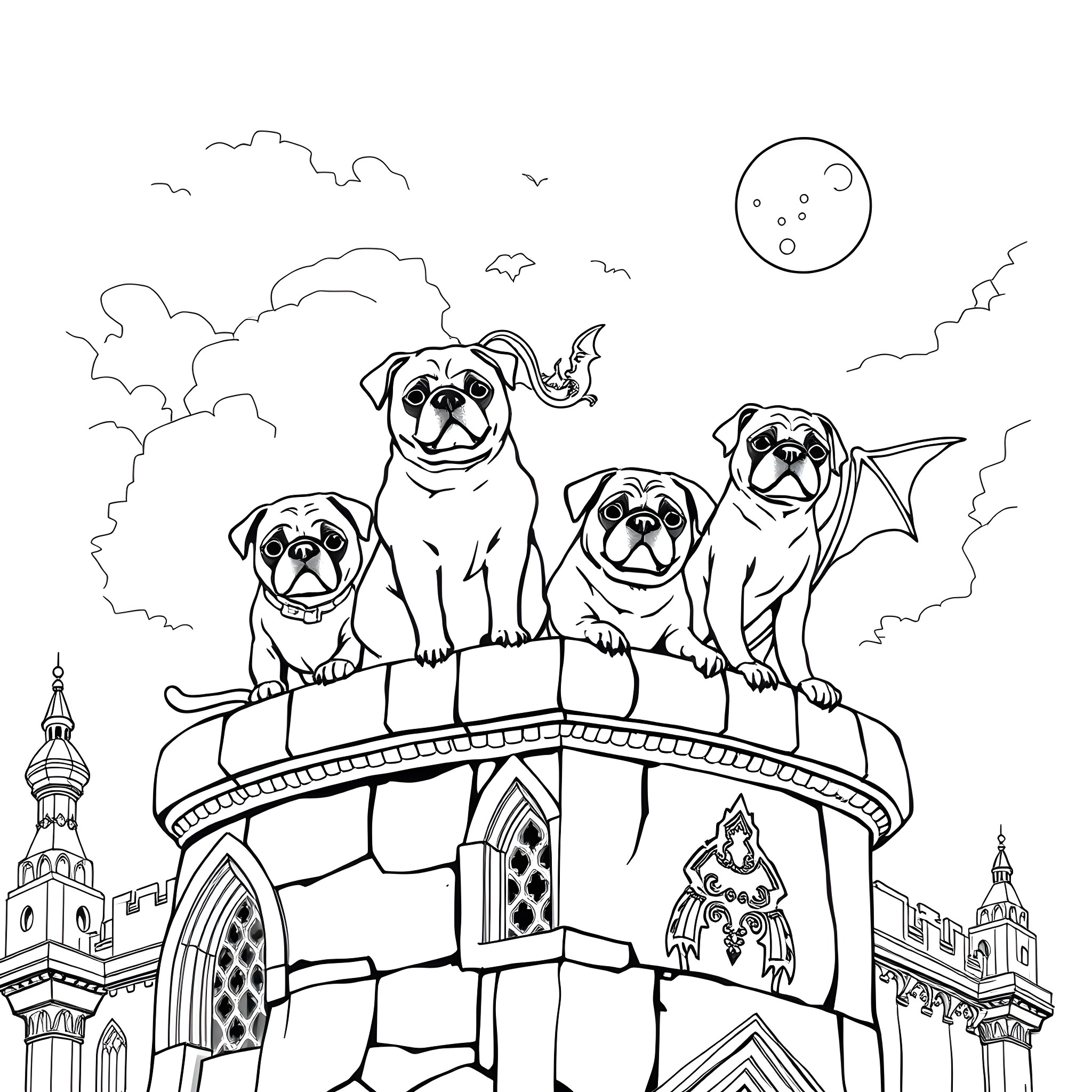 Pug dogs sitting on a castle wall Coloring Page (free black-and-white line drawing printable PDF for all, from beginners to advanced learners, including children, teens, adults, and seniors)