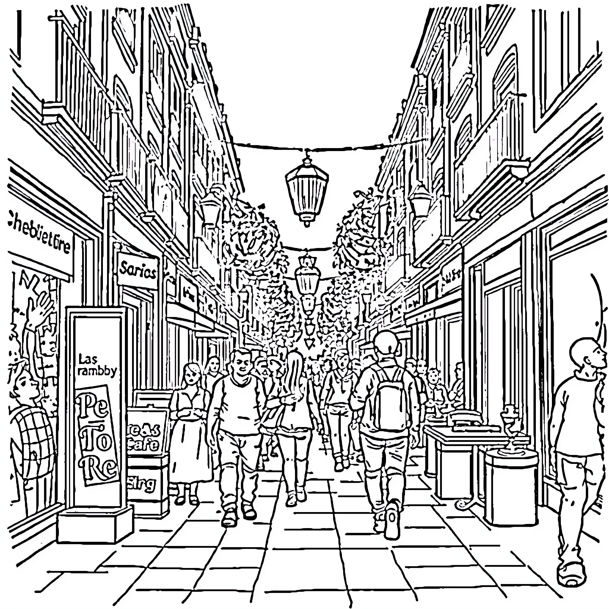 Las Ramblas: Bustling Street Scene with Diverse Pedestrians Coloring Page (free black-and-white line drawing printable PDF for all, from beginners to advanced learners, including children, teens, adults, and seniors)
