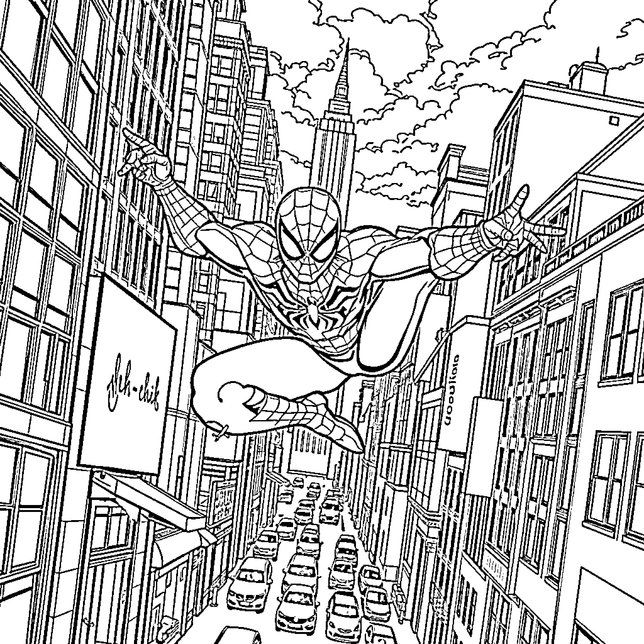 Spiderman swinging through the city skyline Coloring Page (free black-and-white line drawing printable PDF for all, from beginners to advanced learners, including children, teens, adults, and seniors)