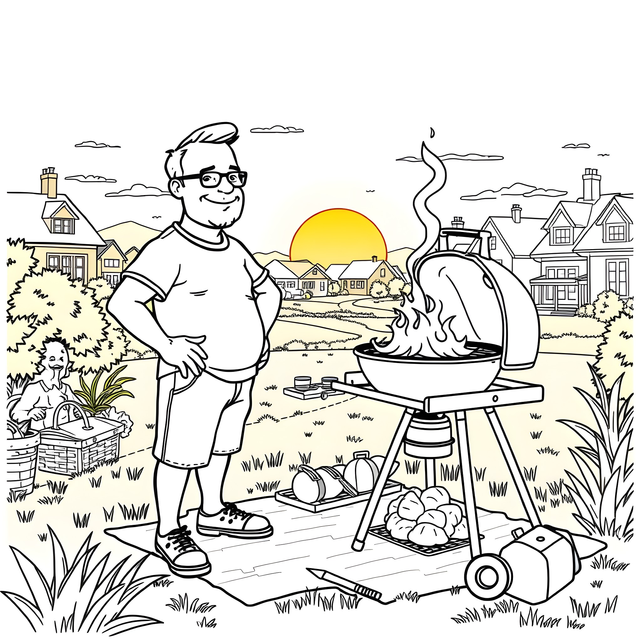 Hank Hill grilling outdoors in his backyard Coloring Page (free black-and-white line drawing printable PDF for all, from beginners to advanced learners, including children, teens, adults, and seniors)