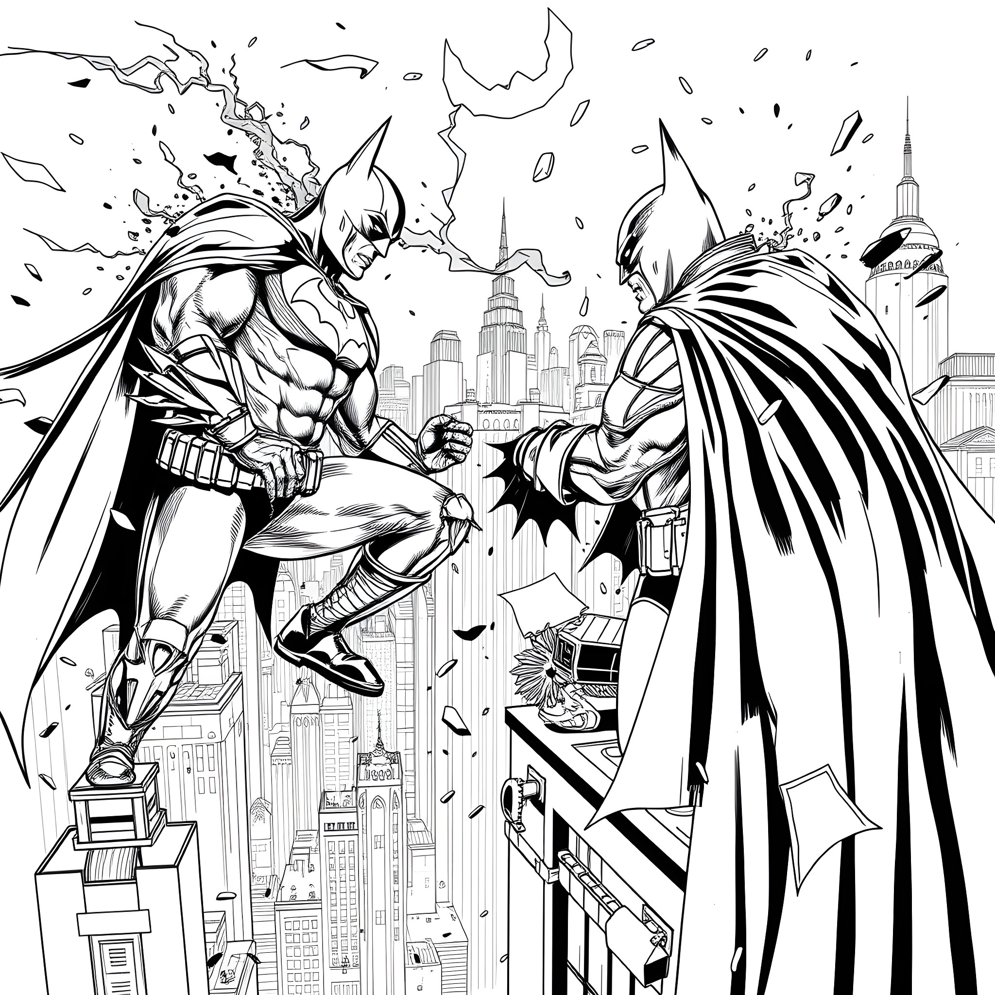 Batman battling criminals in the city Coloring Page (free black-and-white line drawing printable PDF for all, from beginners to advanced learners, including children, teens, adults, and seniors)