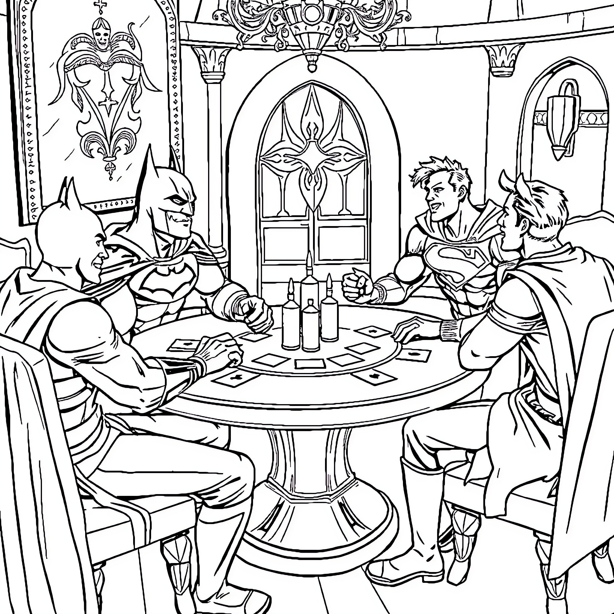 Superhero Characters Enjoying a Casual Gathering Coloring Page (free black-and-white line drawing printable PDF for all, from beginners to advanced learners, including children, teens, adults, and seniors)