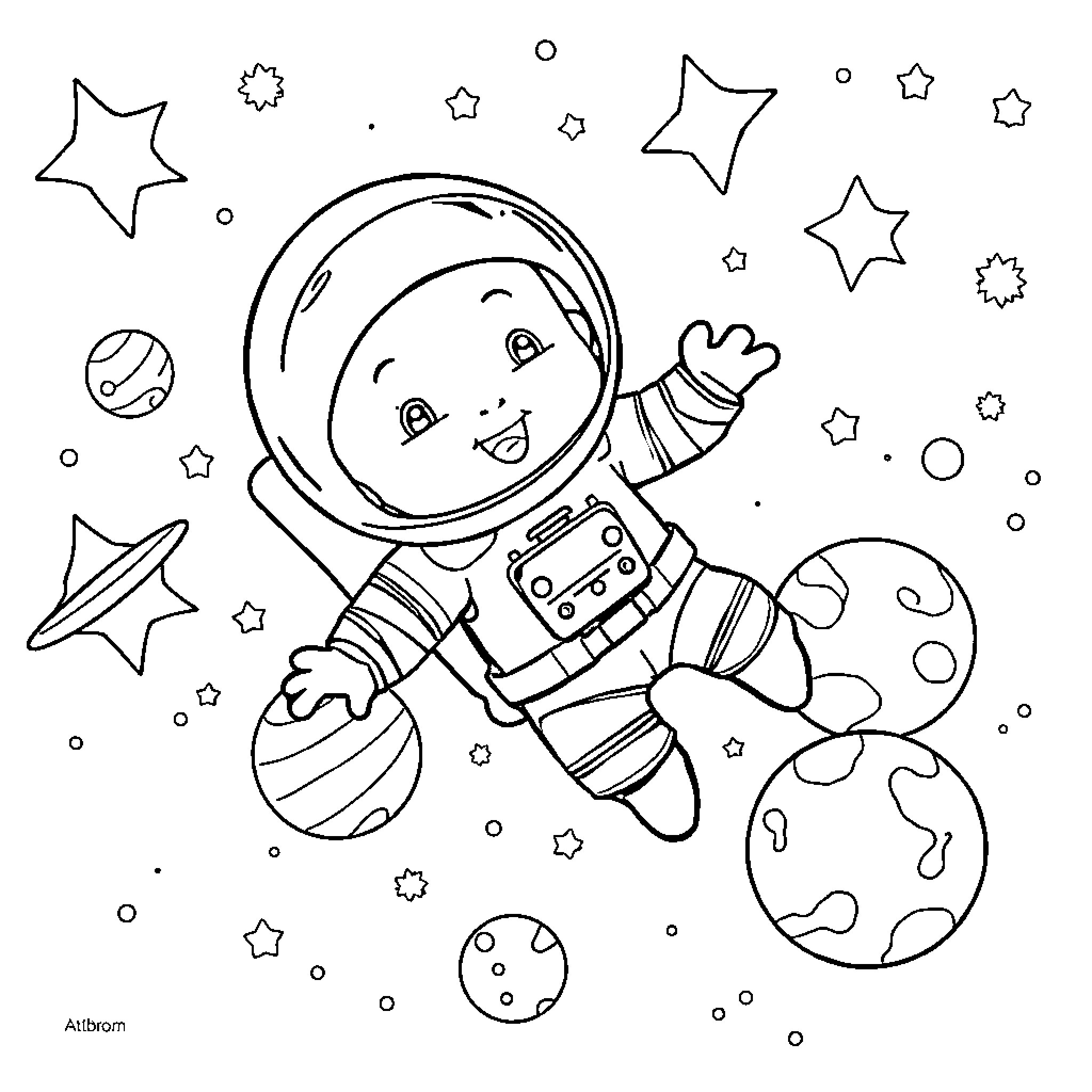 Baby astronaut floating in space Coloring Page (free black-and-white line drawing printable PDF for all, from beginners to advanced learners, including children, teens, adults, and seniors)