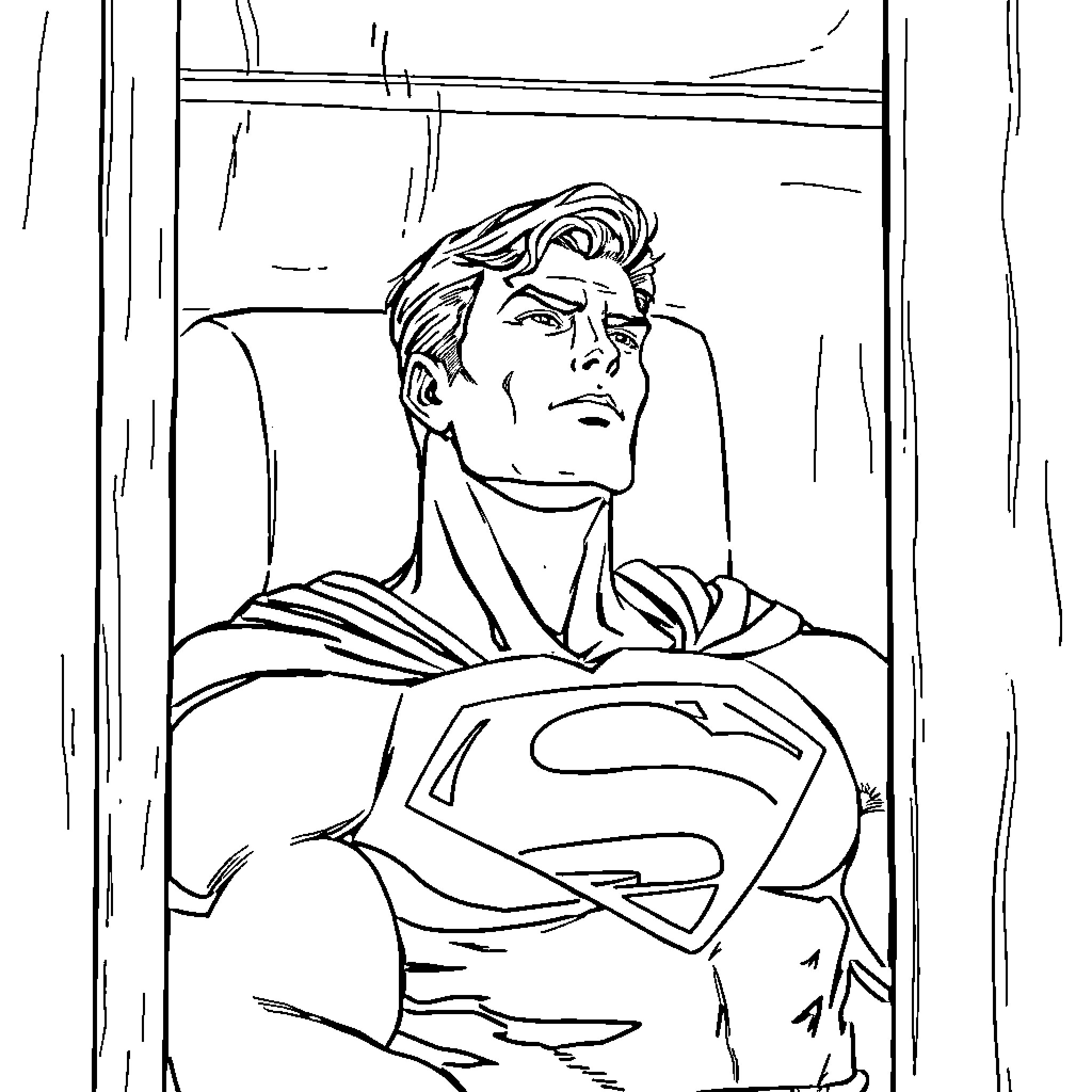 Superman's heroic stance in a dramatic scene Coloring Page (free black-and-white line drawing printable PDF for all, from beginners to advanced learners, including children, teens, adults, and seniors)