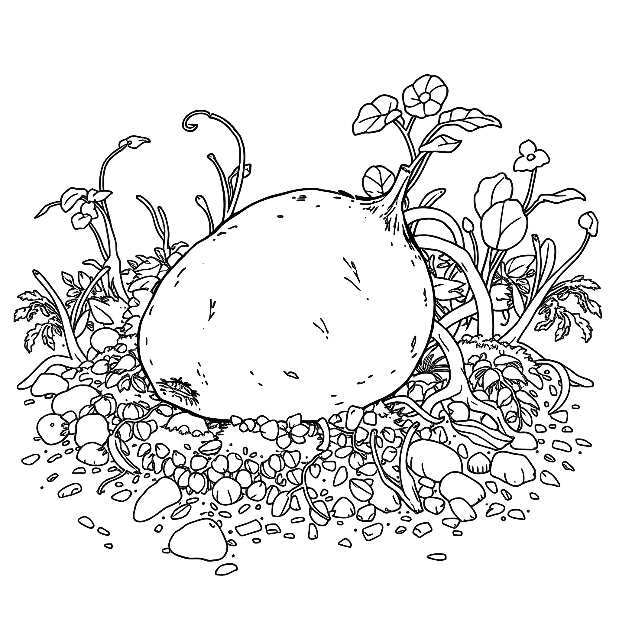 Potato in a floral landscape Coloring Page (free black-and-white line drawing printable PDF for all, from beginners to advanced learners, including children, teens, adults, and seniors)