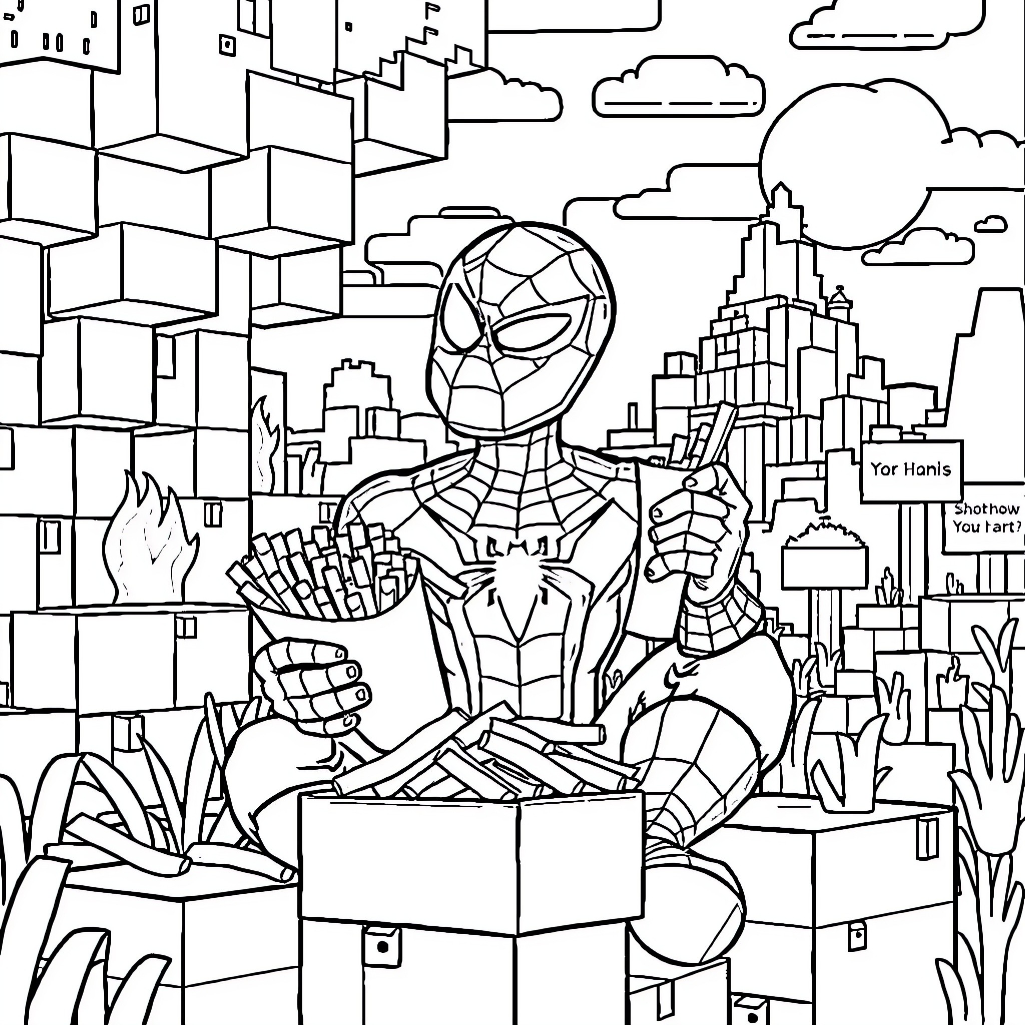 Spider-Man swinging through the city skyline Coloring Page (free black-and-white line drawing printable PDF for all, from beginners to advanced learners, including children, teens, adults, and seniors)