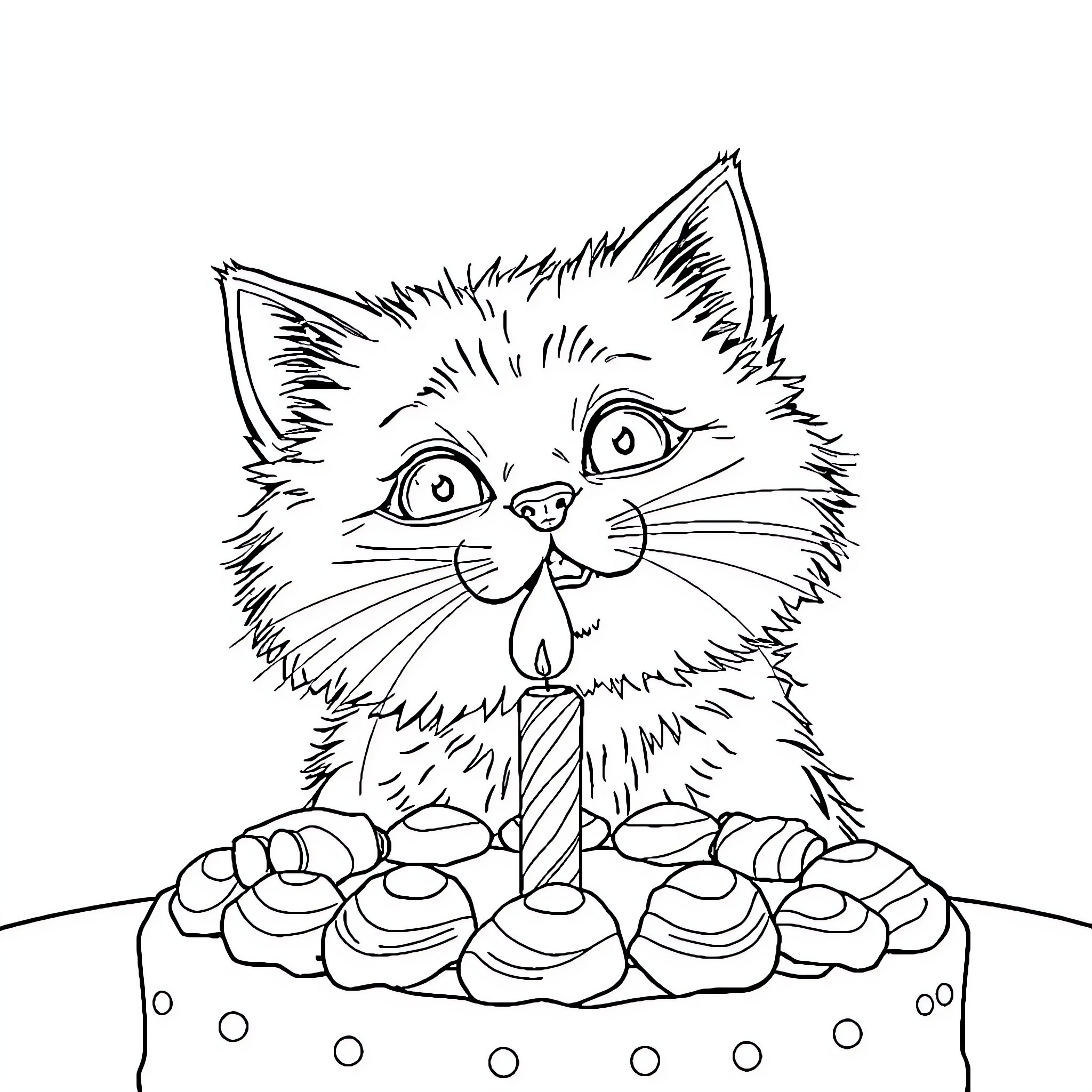 Cat sitting on cupcakes with surprised expression Coloring Page (free black-and-white line drawing printable PDF for all, from beginners to advanced learners, including children, teens, adults, and seniors)