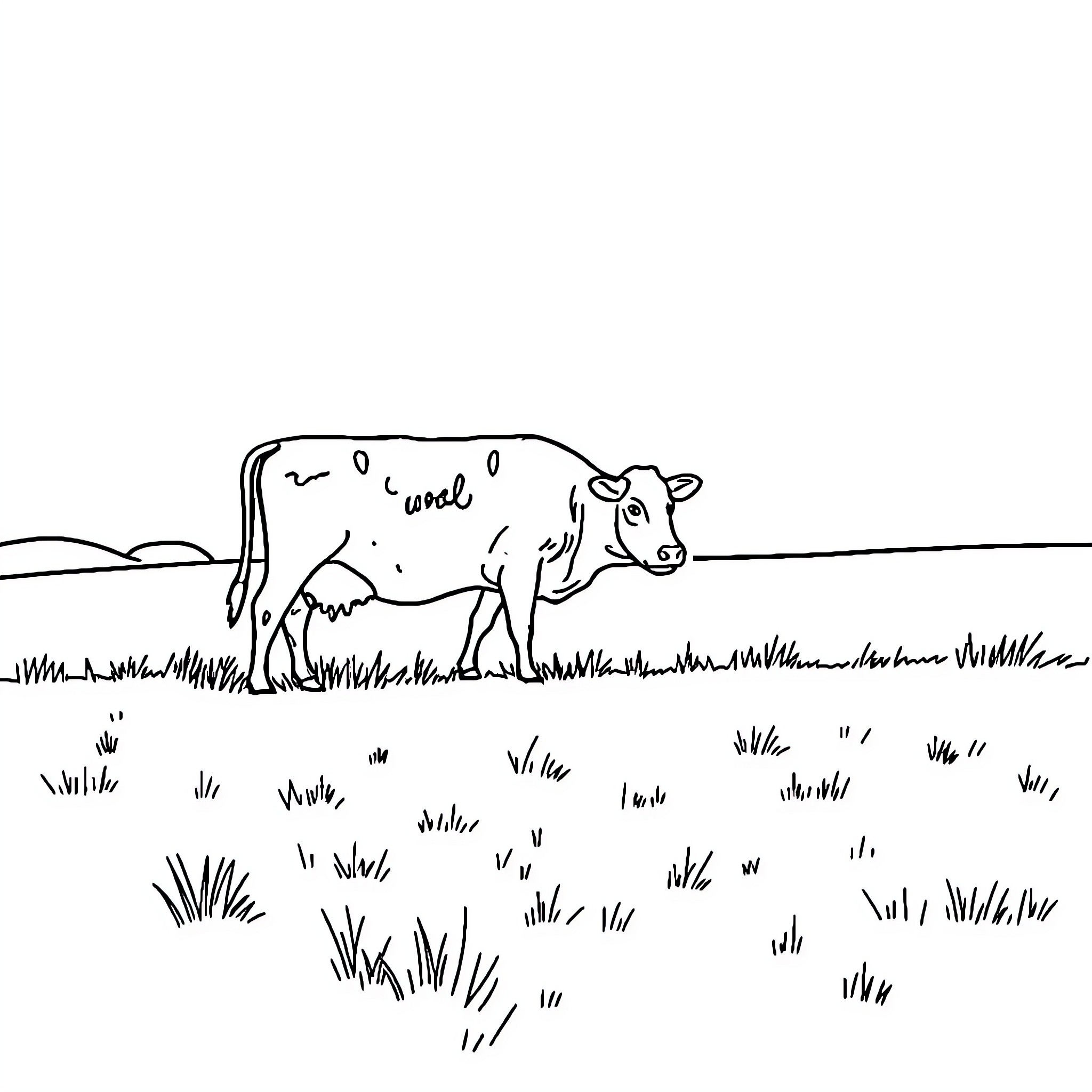 Cow standing in a grassy field Coloring Page (free black-and-white line drawing printable PDF for all, from beginners to advanced learners, including children, teens, adults, and seniors)
