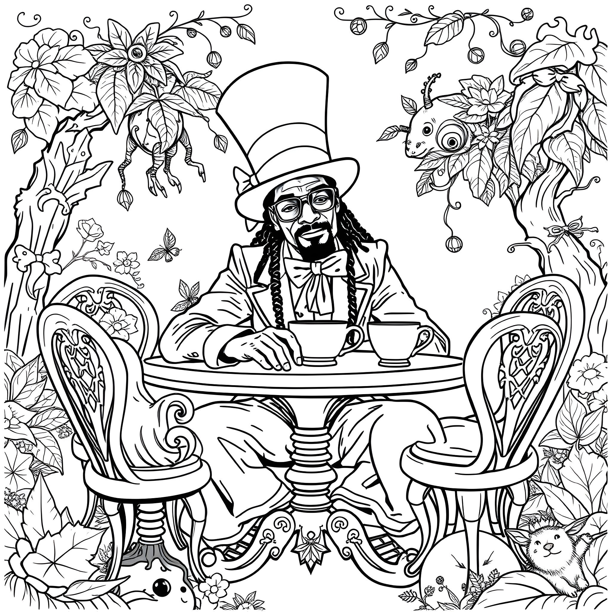 Snoop Dogg's Whimsical Tea Party in a Floral Wonderland Coloring Page (free black-and-white line drawing printable PDF for all, from beginners to advanced learners, including children, teens, adults, and seniors)