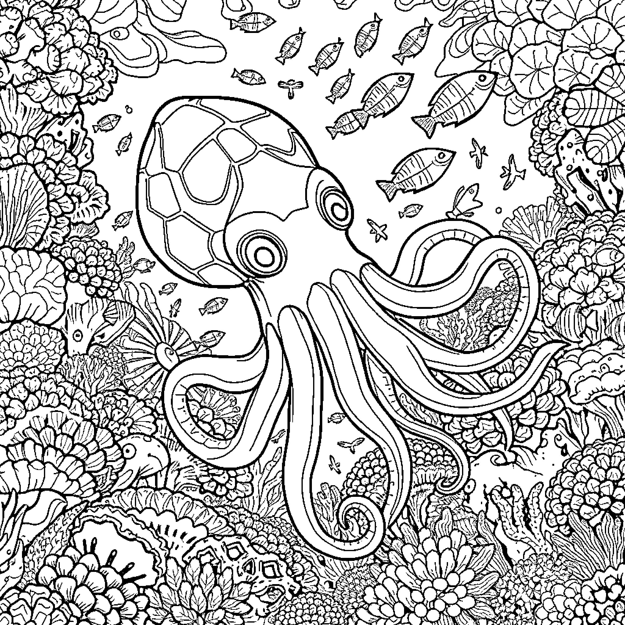 Squid swimming amongst vibrant underwater plant life Coloring Page (free black-and-white line drawing printable PDF for all, from beginners to advanced learners, including children, teens, adults, and seniors)